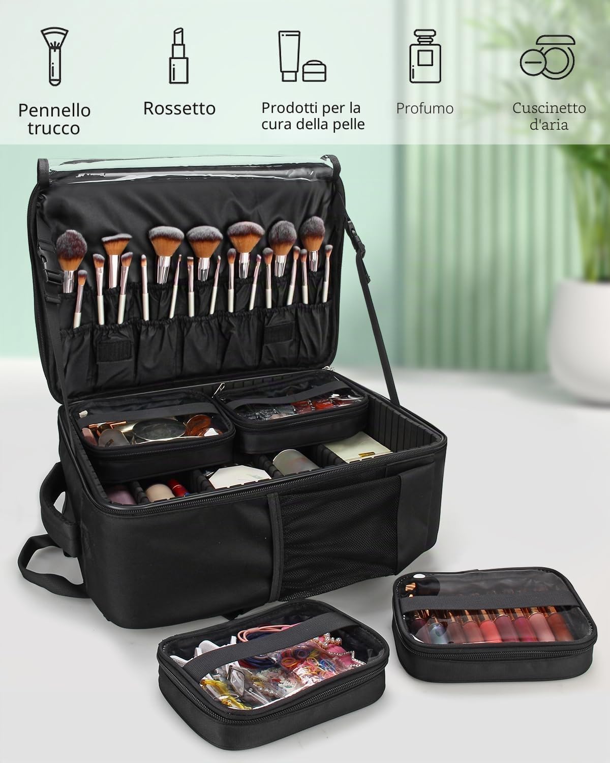 Valigetta cosmetica zaino extra grande beautycase professionale da viaggio borsa per trucchi da donna, organizer per trucchi a 3 strati, con 4 piccole borse cosmetiche, Nero , Valigetta per cosmetici