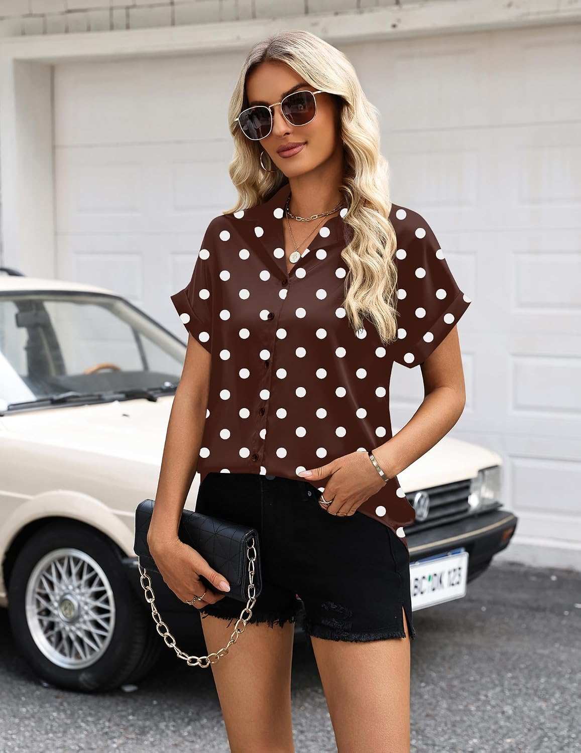 Zeagoo Womens Satin Blouse Short Sleeve Silk Tops Button Down Shirts