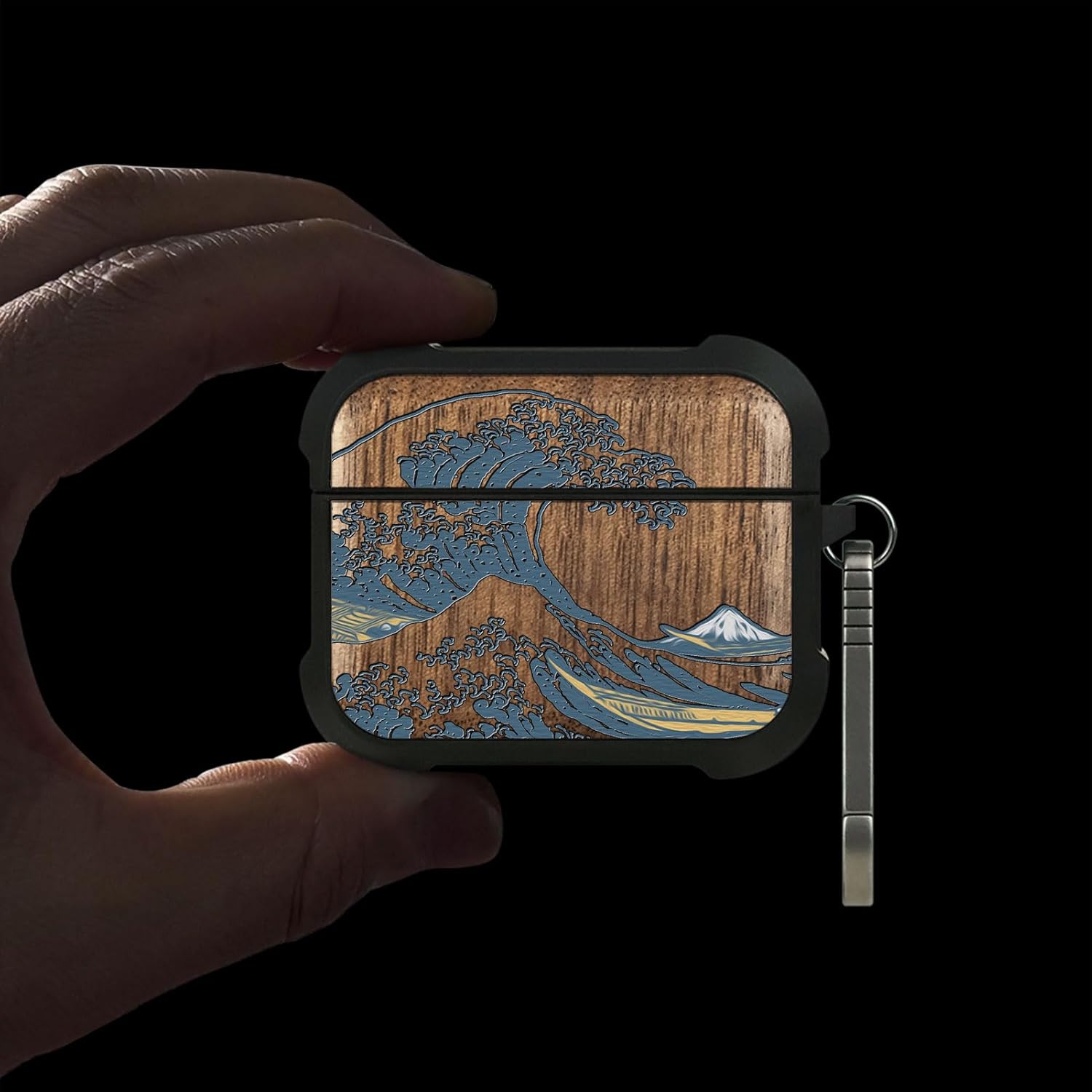 for AirPods Pro 2 Case, Shockproof Cover with Quick Released Keychain, Compatible with Airpods Pro Case 2nd / 1st Generation (2023/2022/2019), Hand-Drawn (Great Wave) Walnut