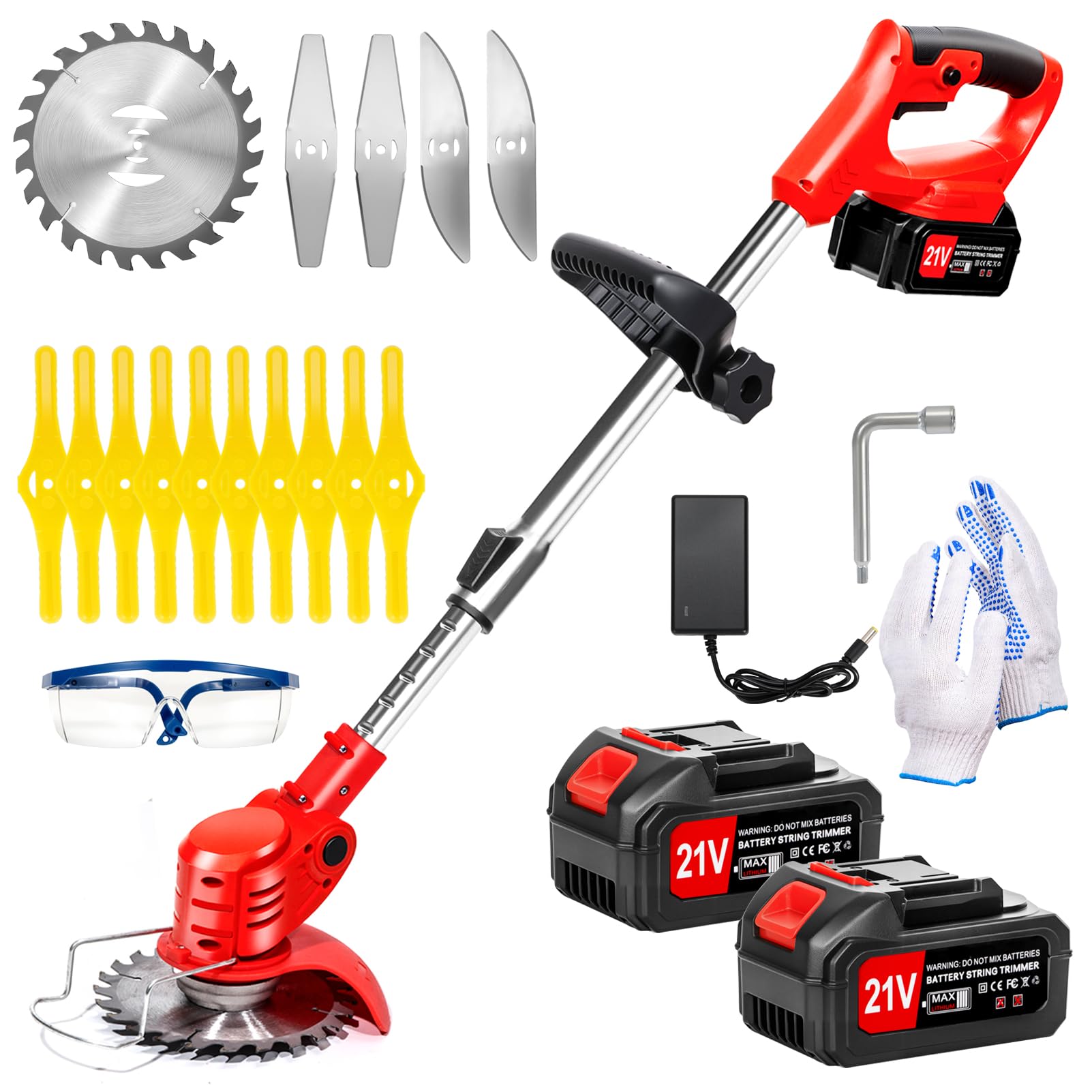 21V Cordless Strimmer & Electric Grass Trimmer for UK Gardens, Brush Cutter with 2x Batteries, 15-Blade Set, Telescopic Lightweight Strimmer for Lawn Edging, Small Gardens & Thick Grass