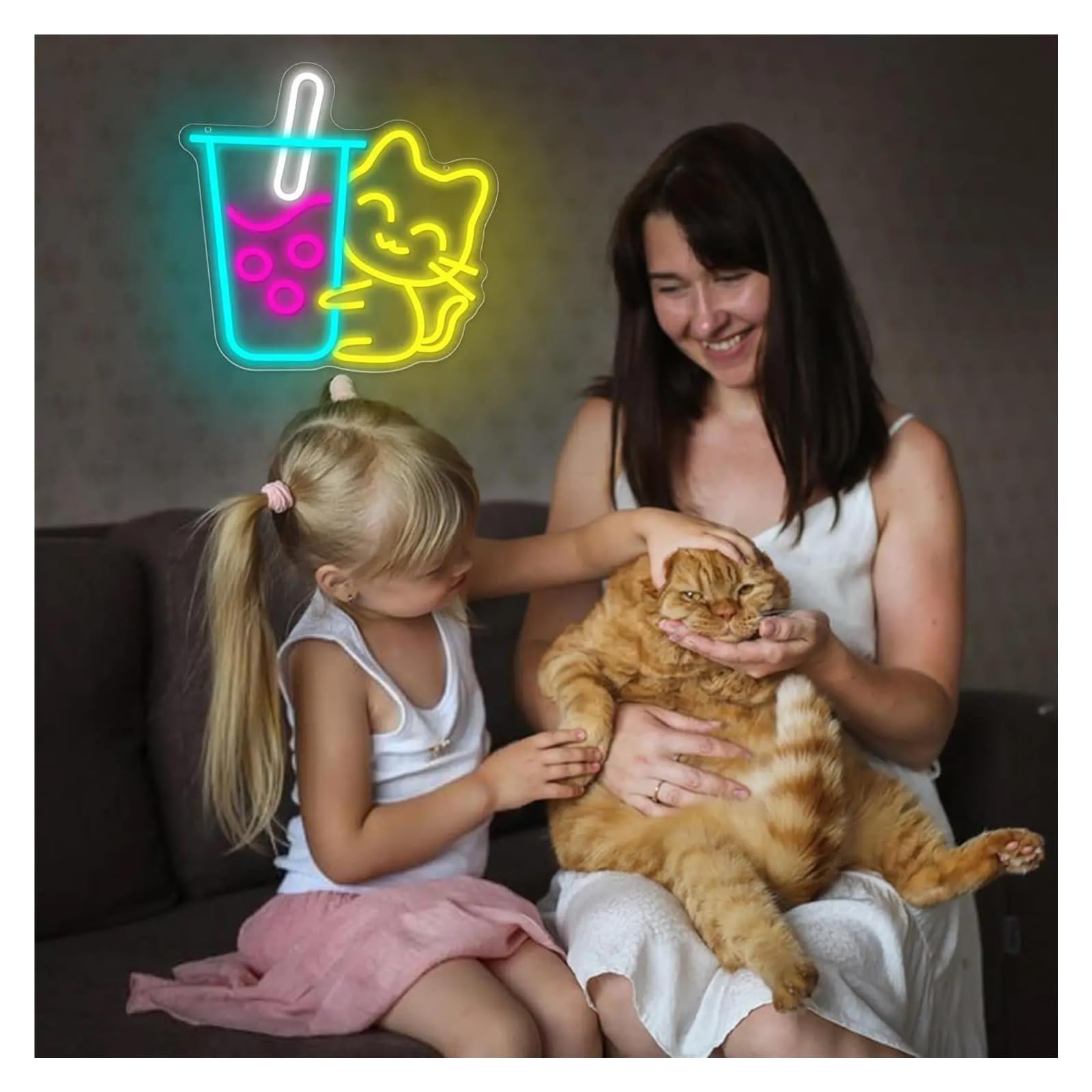 Wiszące neony artystyczne Neonowa Tablica Z Napisem "Cat Boba Tea" Z Możliwością Przyciemniania, Do Kawiarni, Baru, Restauracji I Deserów, 37x38,5 Cm