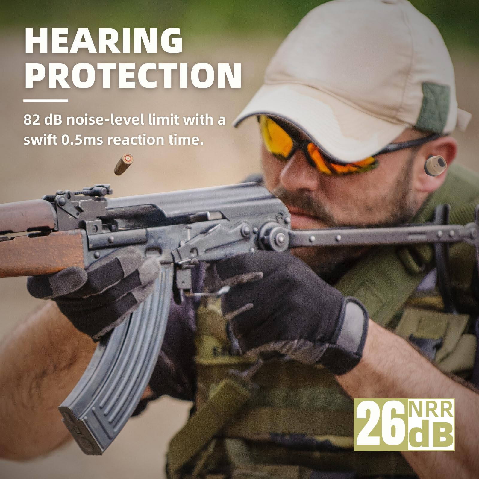 Tactical Hearing Protection Earplugs, 26dB NRR/0.5ms Response/82dB Active Suppression & Situational Awareness Alert Mode, One Hand Operation, Replaceable Eartip, IP67 Build, 8-24hrs Use for Type C (T)