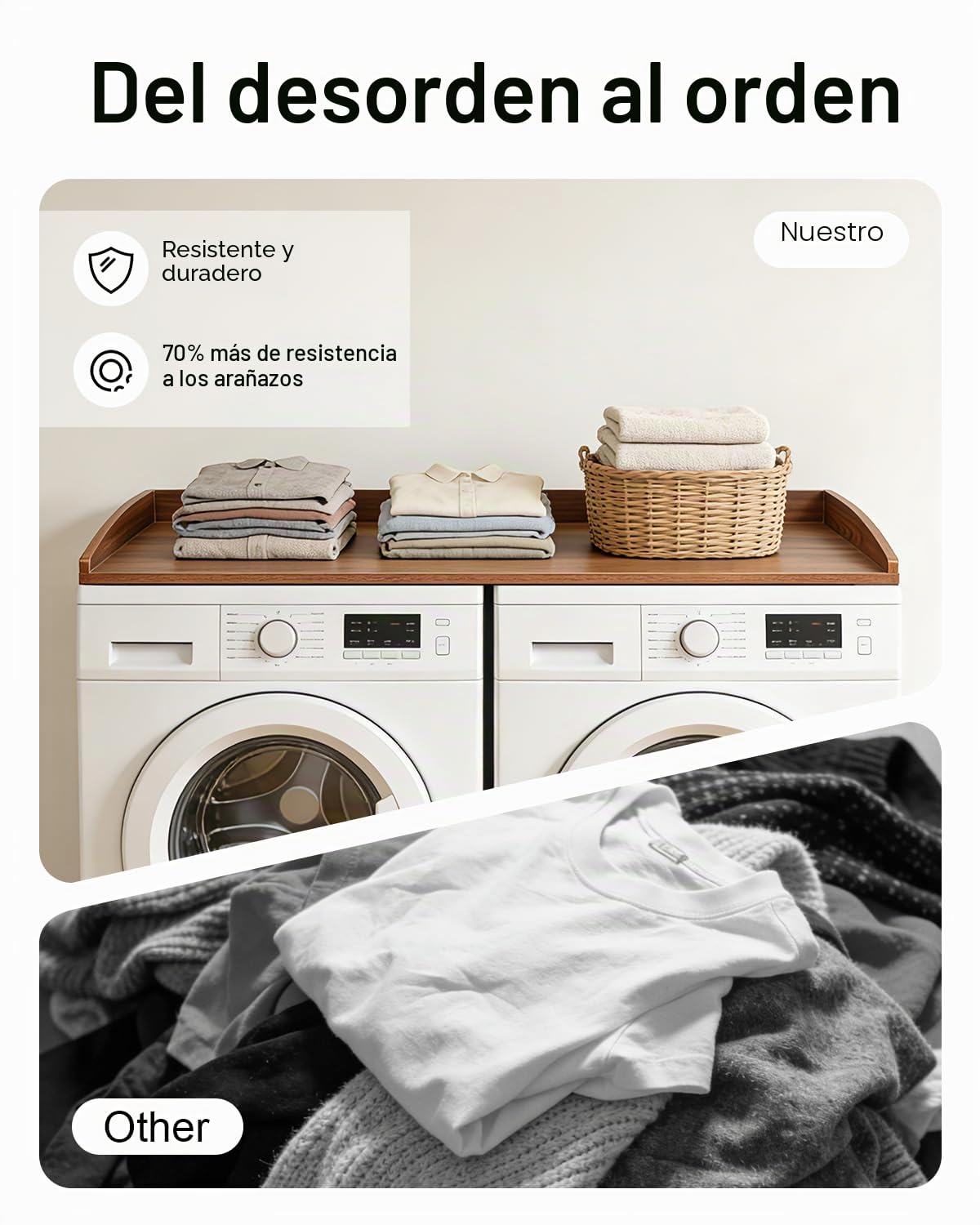 Mueble para lavadora y secadora, soporte de madera para lavadora, estante para lavadora con barra de seguridad, cubierta de madera para lavadora, organización de cubierta para lavadora