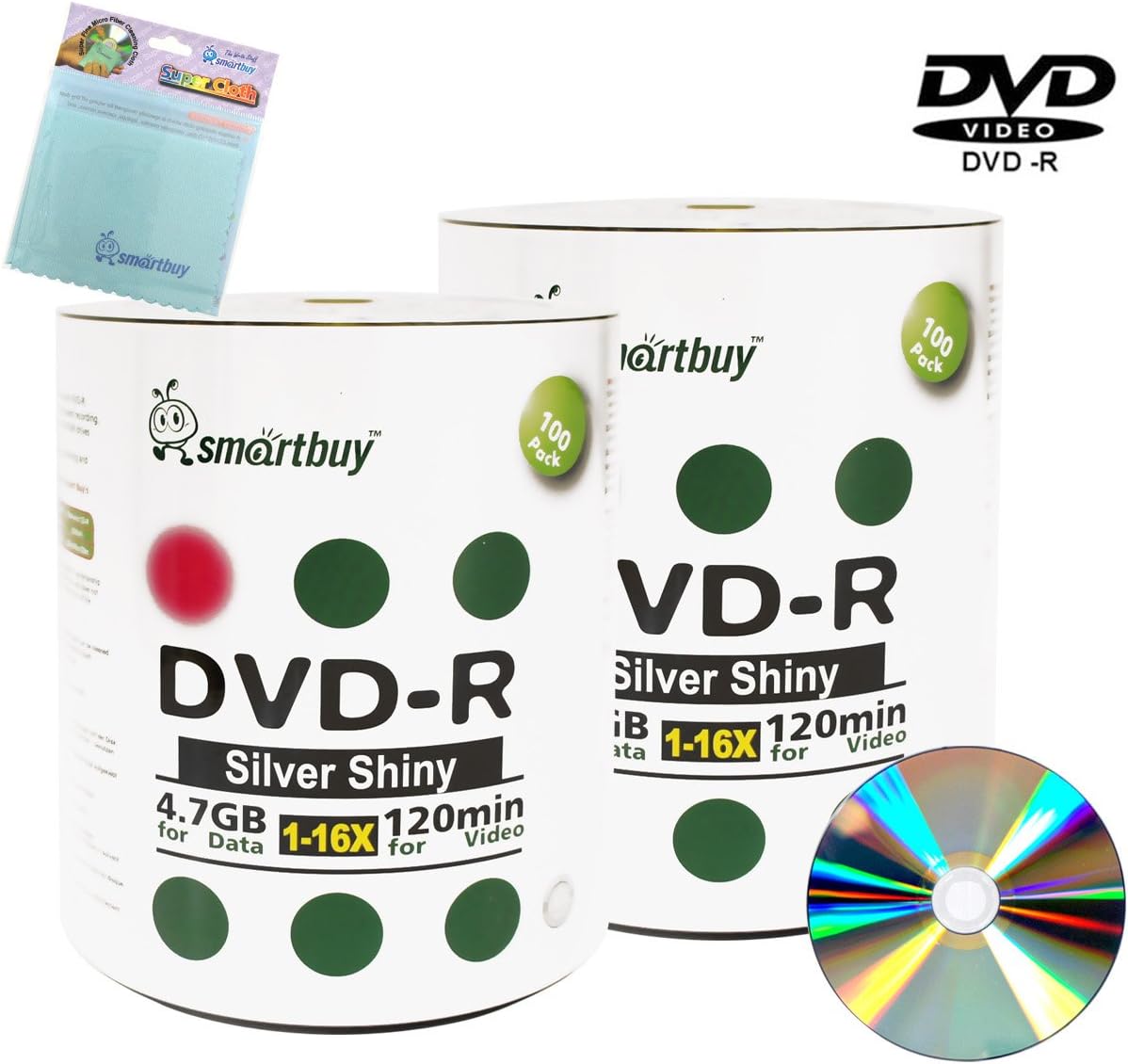 Smartbuy 200-disc 4.7GB/120min 16x DVD-R Shiny Silver Blank Media Record Disc + Free Micro Fiber Cloth