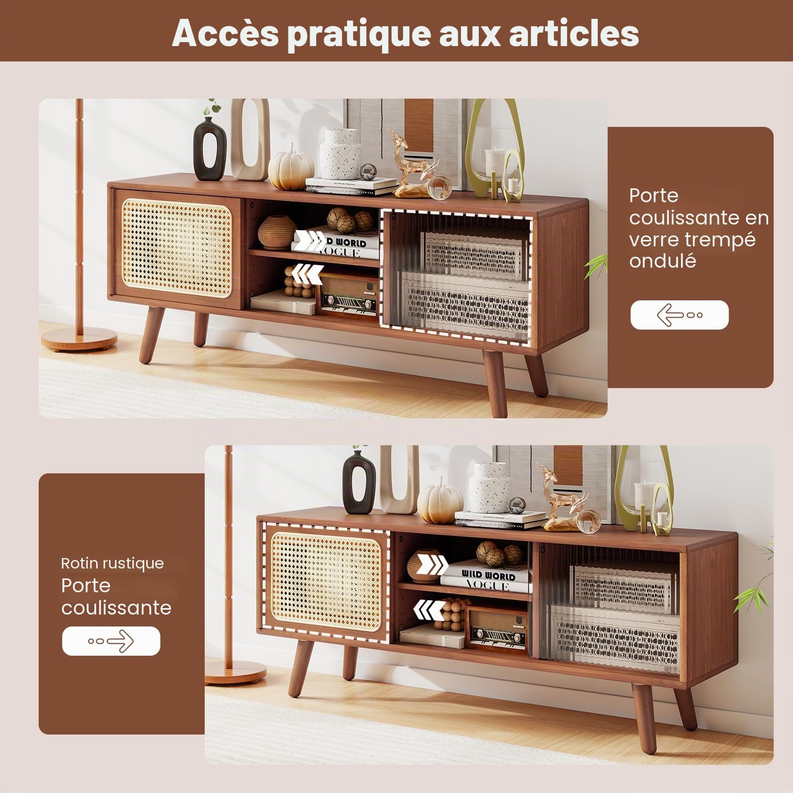 GIANTEX Meuble TV en Bambou pour Télévision Jusqu'à 55 Pouces, Banc TV avec Portes Coulissantes en Rotin et Verre Trempé, Étagère Réglable, Pieds en Bois d'Hévéa, pour Salon, Chambre, Noyer