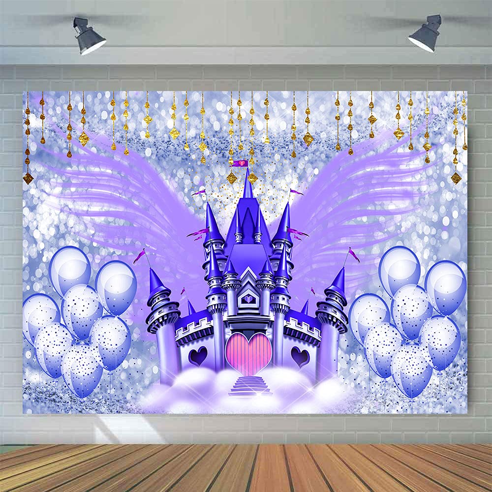 EMTOBT 7x5FT Fantasy Castle Purple Angel Wings Background Balloon Silver Glitter Bokeh Dream Photography Luxury Palace Wedding Birthday Party Photo Booth Props Vinyl Supplies BJWHEM568