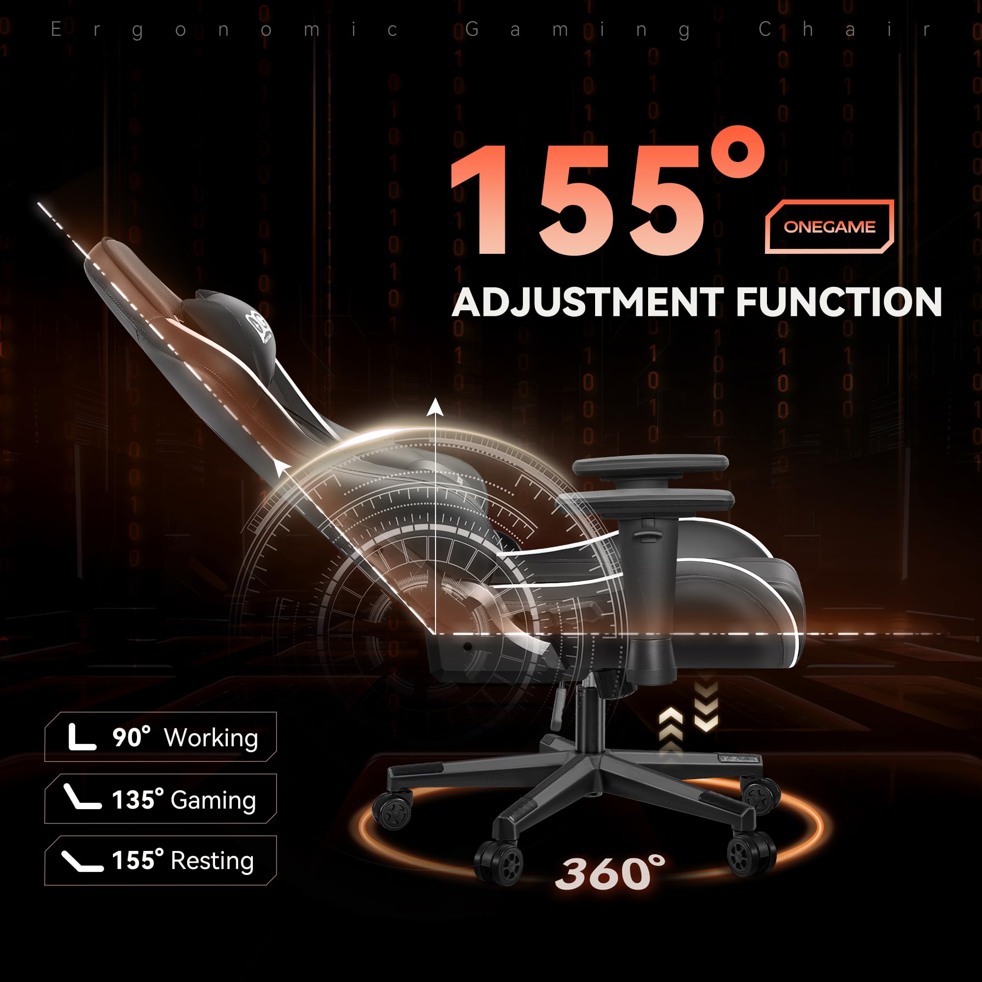 OneGame Sedia Gaming, 3D Braccioli Ergonomico Sedia da Gioco per Computer, Ufficio Regolabile in Altezza, Girevole con Cchienale Regolabile 155°, Nero