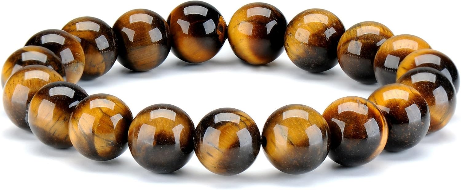 ChicJ&Y 10 MM Natural Tiger Eye Bracelet Stretch Crystal Gemstones Yoga Healing Energy Men Woman Elastic Bracelet, 9 inches, Wood, wood