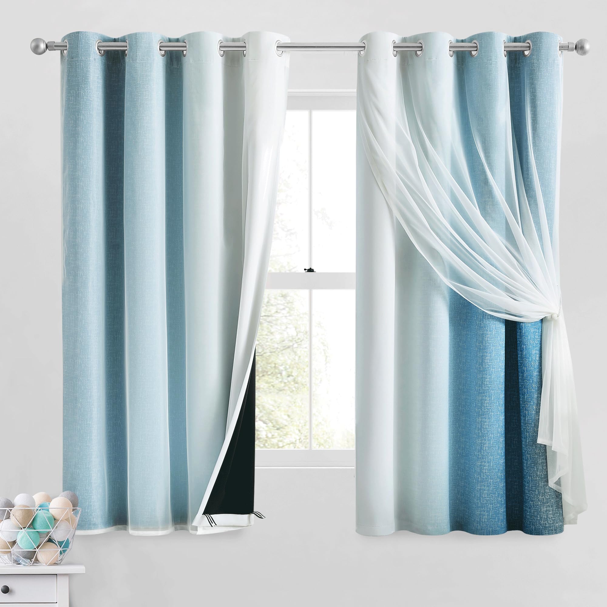 Geomoroccan Ombre 100% Blackout Curtains 63 Inches Long 2 Panels for Bedroom Living Room Blue and White Double Layer Sheer Overlay Mix & Match Grommet Thermal Soundproof Drapes with Tiebacks, 52x63