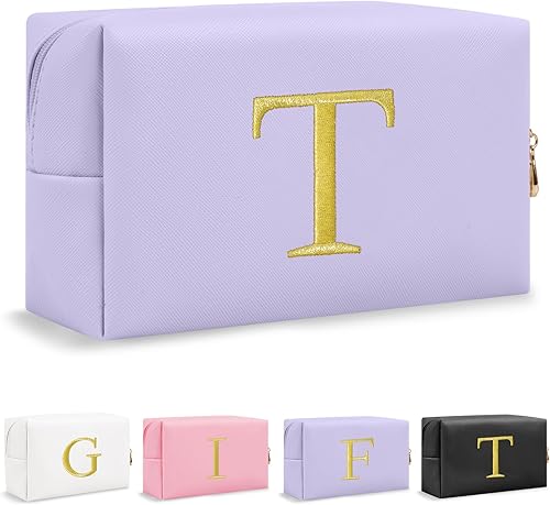 Miniatura 36 de Bolsa de Maquillaje con Inicial de Regalo Personalizado, Bolsa de Cosméticos Preppy con Letra Bordada Dorada, Rellenos de Calcetín para Chicas Blanco