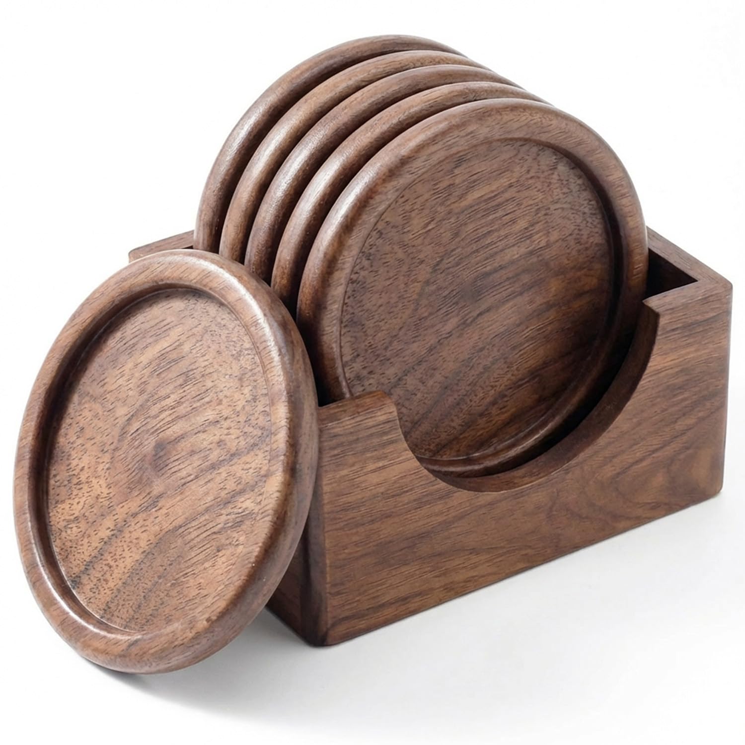 Posavasos de Madera de Nogal, Set de 6, 10 cm, Soporte Incluido para Vasos de Whisky, Copa y Tazas