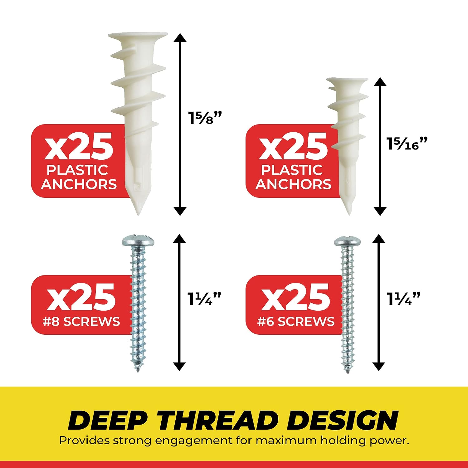 Qalihome Plastic Self Drilling Drywall Anchors and Screws Kit | Includes 25 Small Drywall Anchors, 25#6 1-1/4 Inch Screws, 25 Large Anchors, 25#8 X 1-¼” Screws & Reusable Case