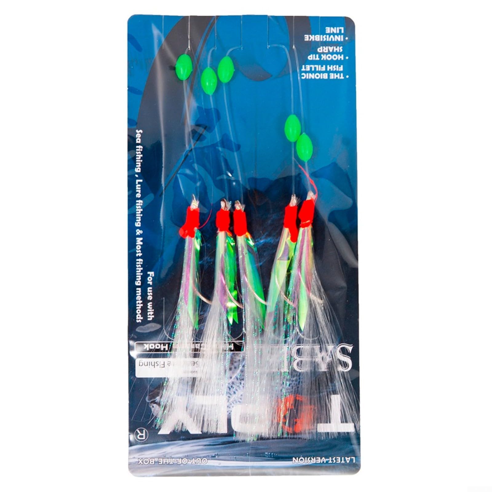 Paquete de 3 aparejos de plumas de caballa Sabiki – 15 anzuelos de pesca de mar con cuentas luminosas, aparejos de plumas de agua salada para caballa, róbalo, abadejo, bacalao y arenque accesorios de