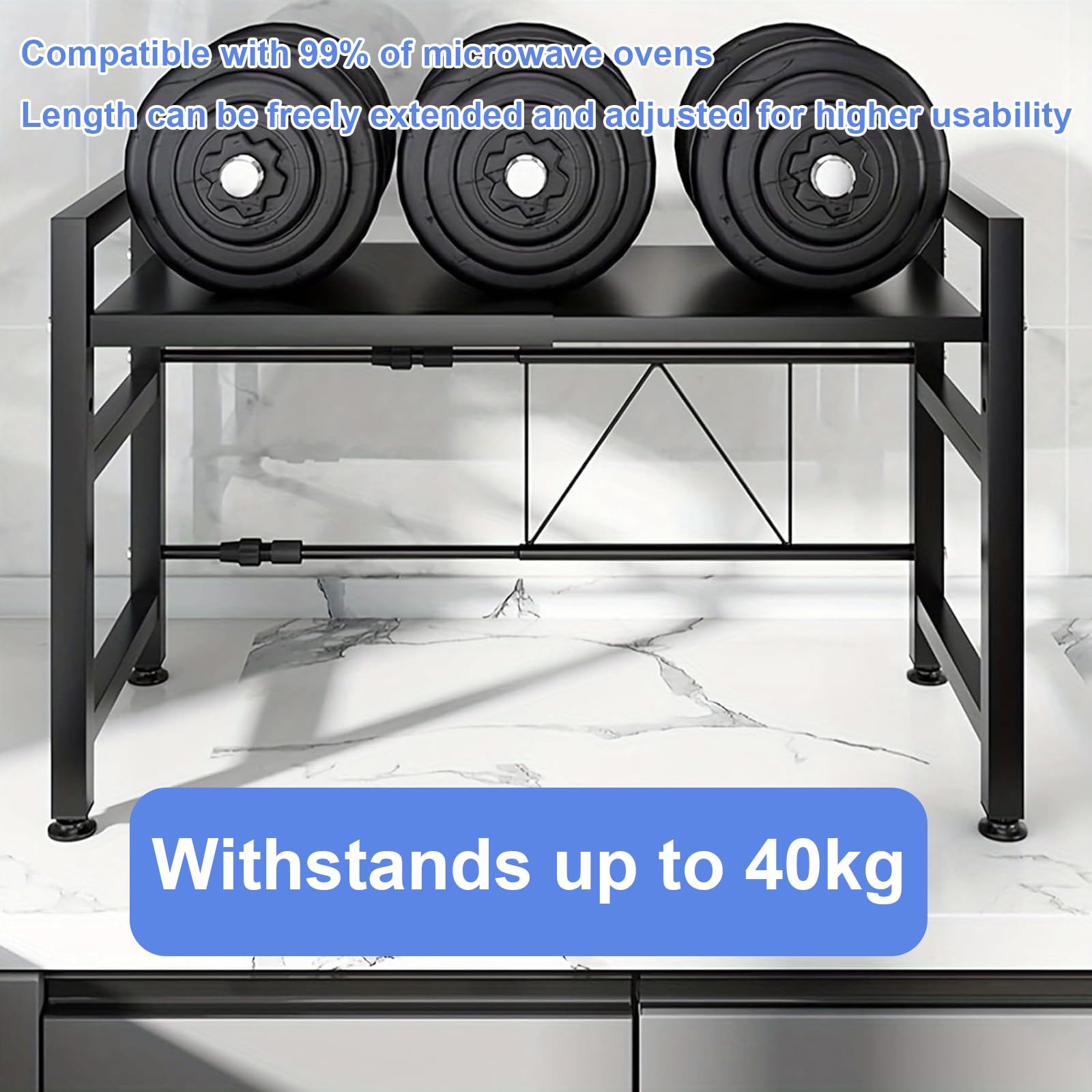 Étagère à Micro-Ondes Extensible à 2 Niveaux, Charge 30kg | Acier au Carbone, Extensible 40 à 64 cm, Porte-Baguettes et Porte-Planche à Découper, Adapté Cuisine, Bureau, Garage