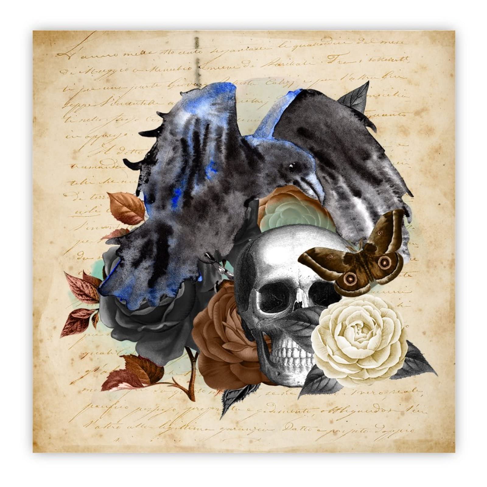 Panneau mural en bois d'art Raven on Skull tableau floral marron rustique