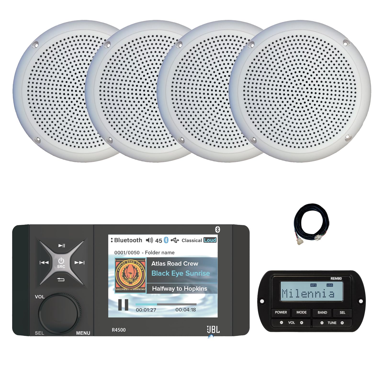 JBL Wake Series R4500 Marine USB Bluetooth AM/FM/WeatherBand Radio Receiver with Wired Remote, Extension Cable, 4x 5.25