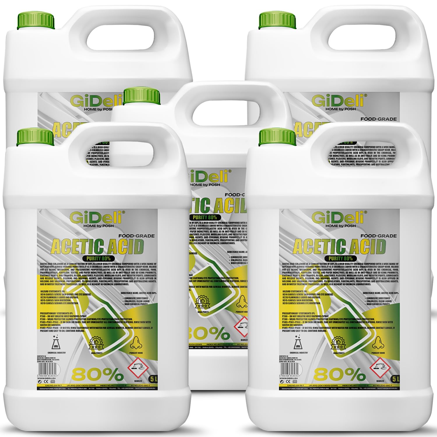 GiDeli Ácido acético 80% 5 x 5 l – Vinegar fuerte para limpieza – para limpieza eficaz, descalcificación y uso doméstico – Eliminación de olores y conservación de alimentos