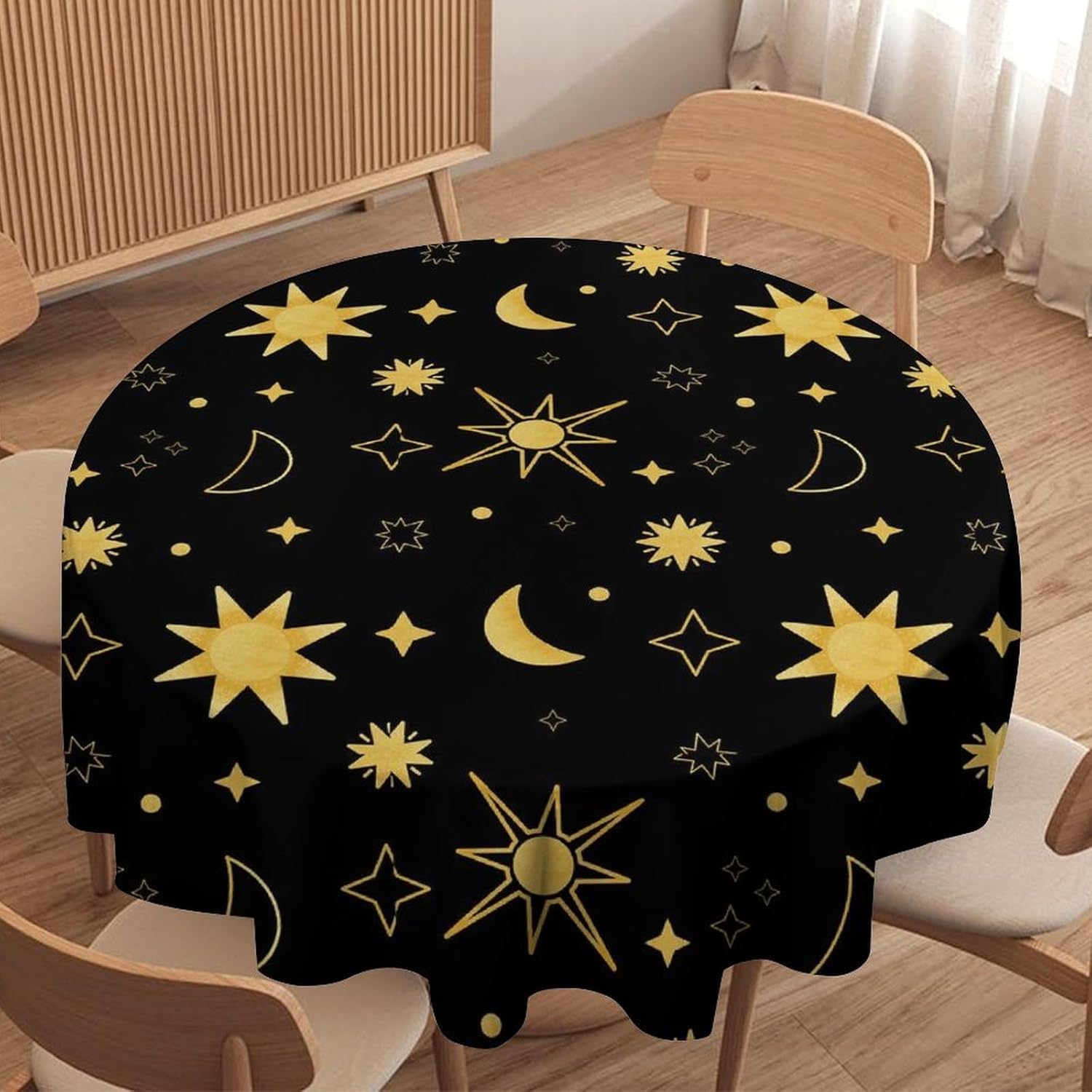Sun Moon Stars Round Table Cloth, Gold Celestial Tablecloth Circle Table Cover for Home Kitchen Dining Room Party Outdoor Picnic, 70x70 Inch Round