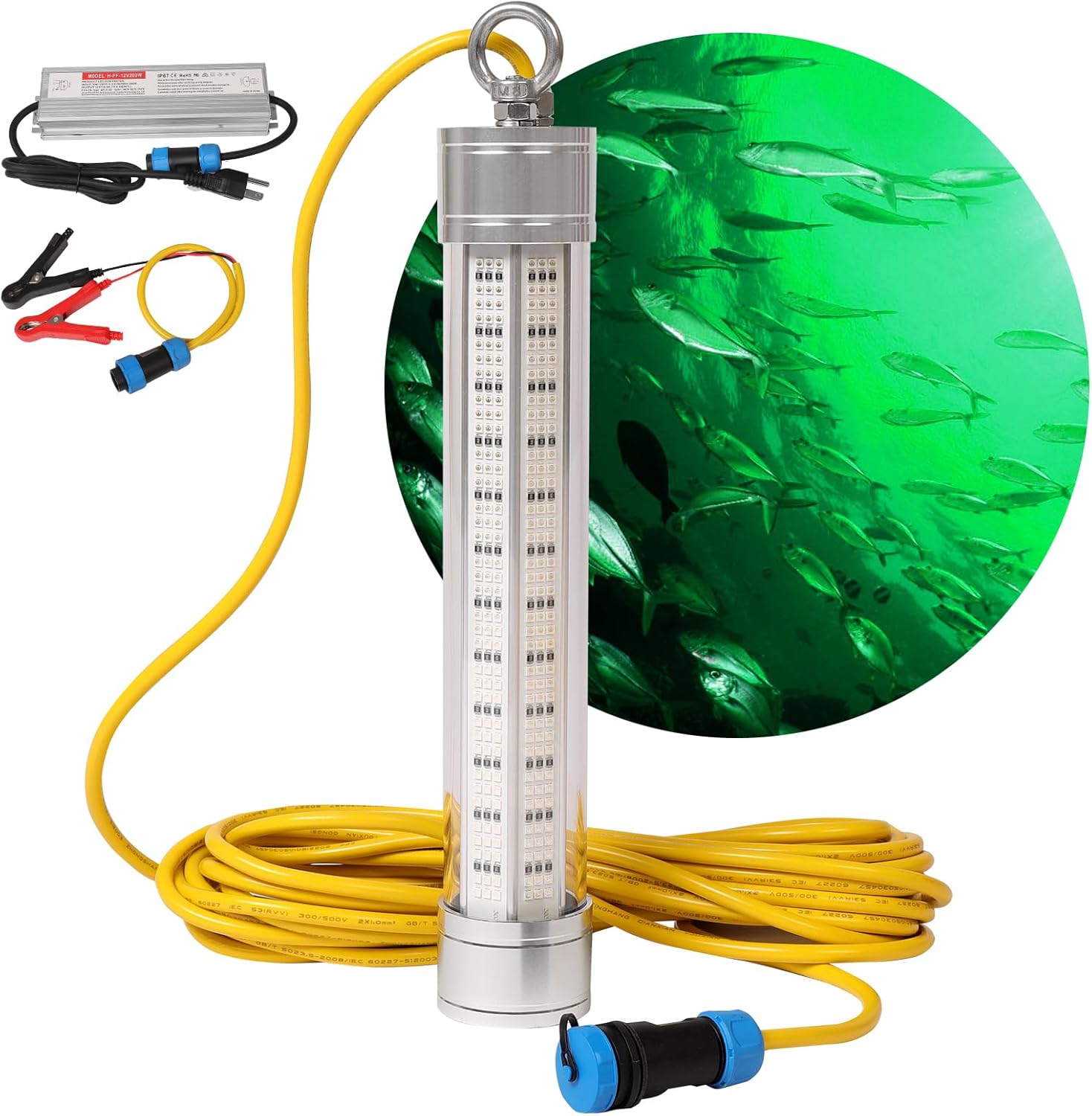 LED Underwater Fishing Light, 200W 110V & 12V 30000LM Waterproof LED Green Submersible Light Attractants for Docks and Boats, Snook, Bass, Crappie, Striper, Bait, Catfish and More