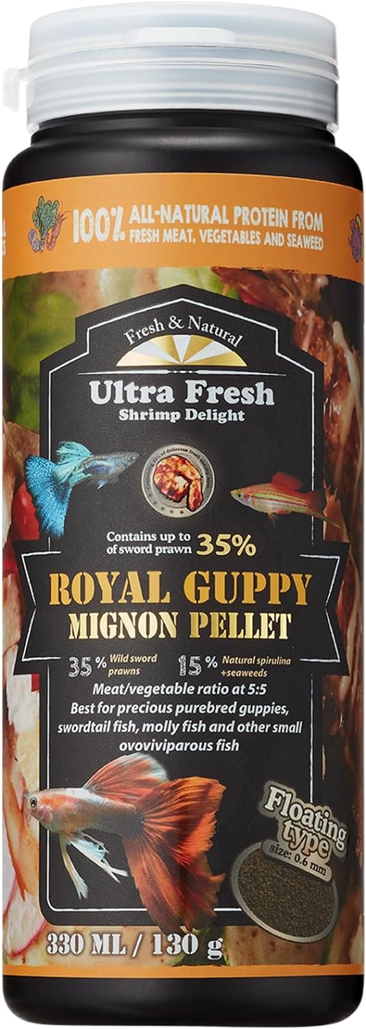 Ultra Fresh Royal Guppy Mignon Pellets - All-Natural Guppy Food with 35% Sword Prawns, Spirulina, Probiotics for Vibrant Colors & Cleaner Water 4.6oz