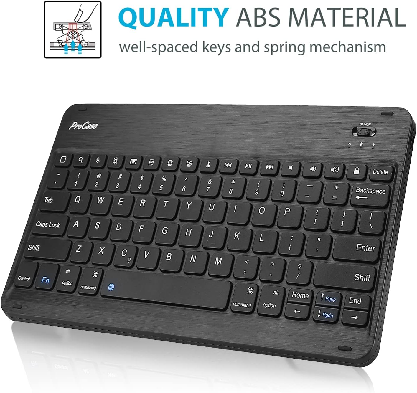Close-up of the ProCase wireless keyboard, highlighting its ABS material and key layout.