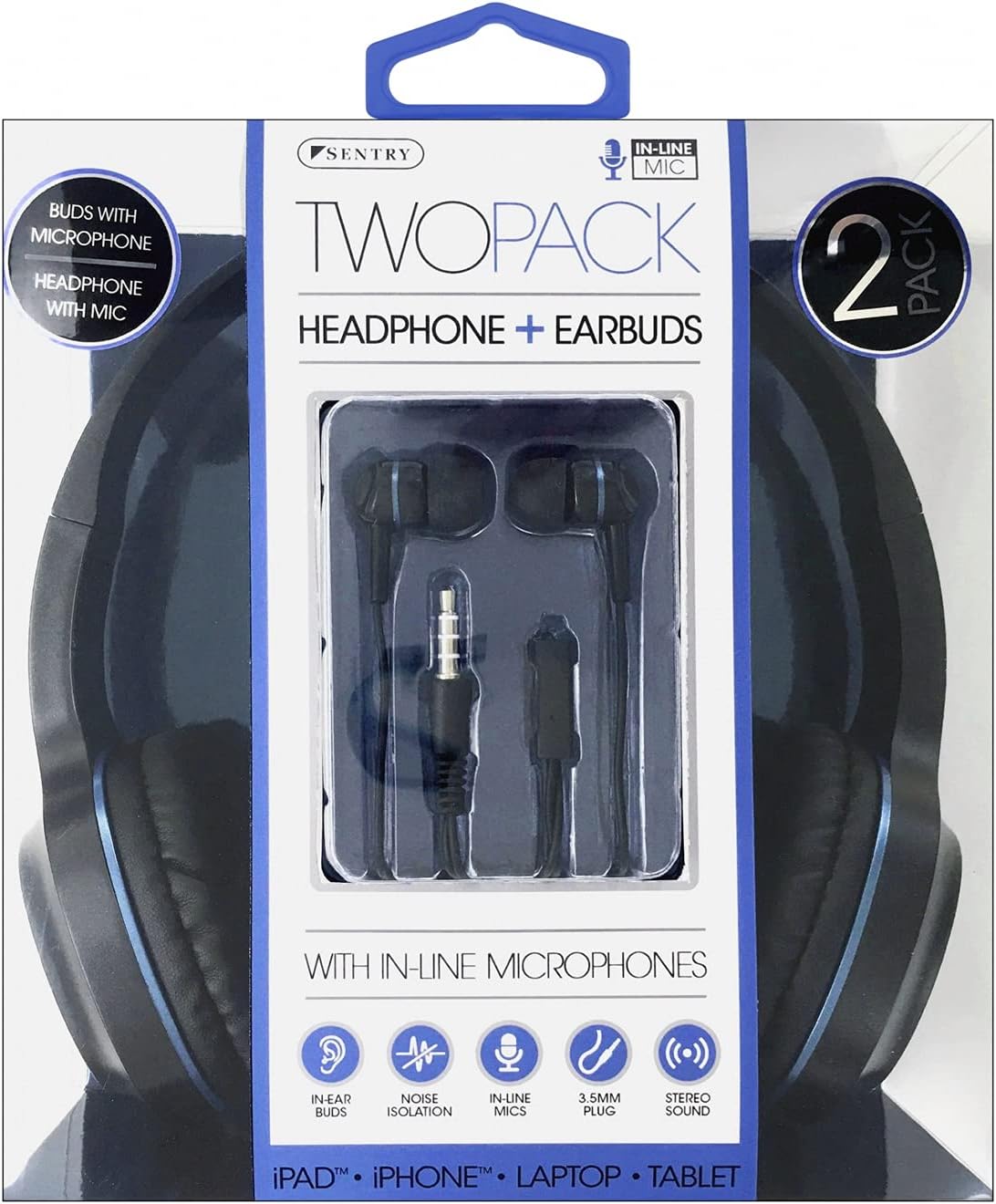 SENTRY BLWHC102 2-Pack packaging showing headphones and earbuds