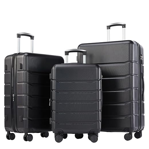 OLIXIS 3-Piece Suitcase Set, Hardside Luggages with Spinner Wheels, Lightweight ABS Hard Shell Travel Luggage, Expandable Carry-On Suitcase with TSA Approved Lock–Black(20+24+28 Inch)