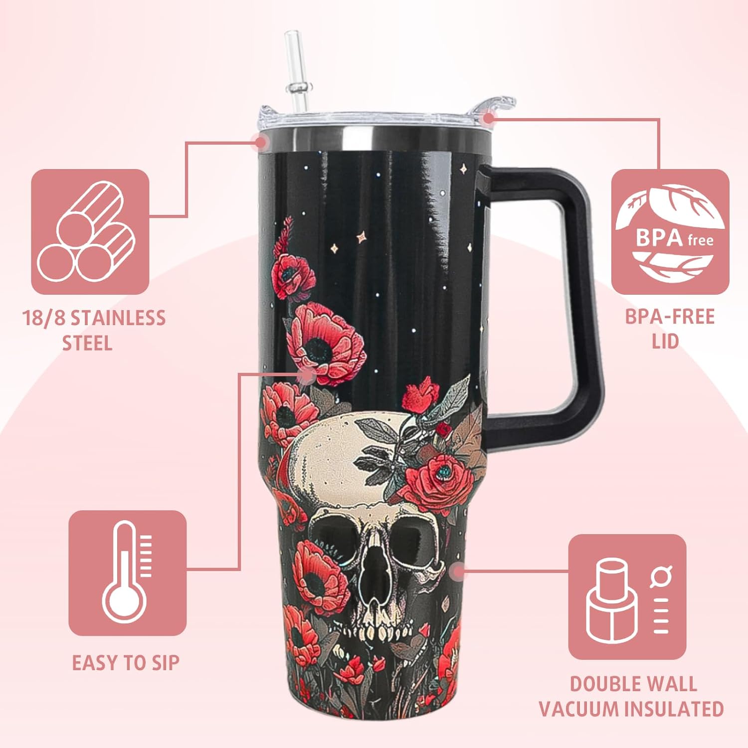 Skull Tumbler with Handle and Straw 40 oz Gothic Skull Coffee Travel Mug Goth Flowers Style Insulated Cup Water Bottle Halloween Goth Stuff Gifts Decor for Women - Image 5