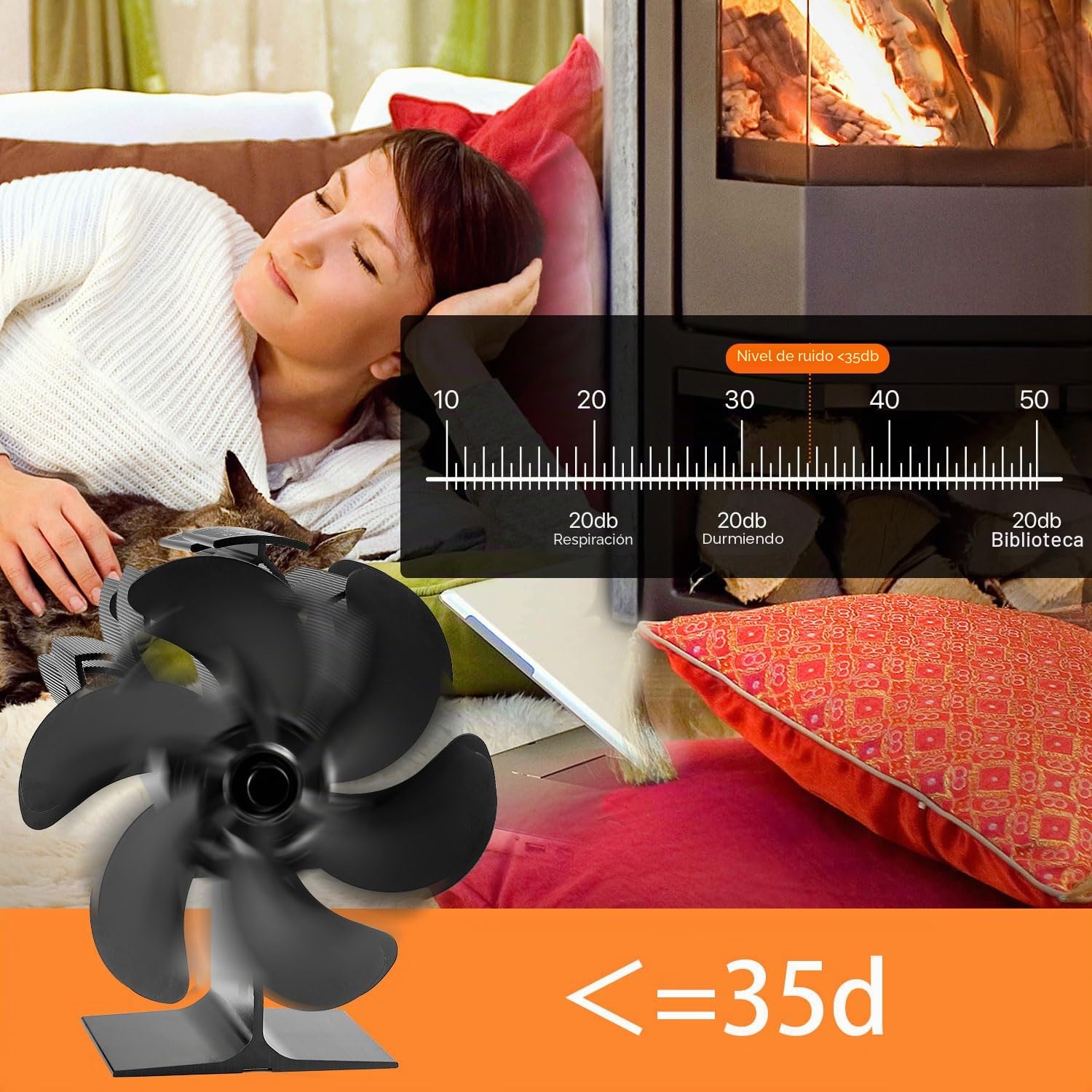 Ventilador de chimenea, 6 aspas, ventilador de horno, chimenea eléctrica, estufa, ventilador de estufa de calor, gran espacio para estufa, estufa de leña, ecológico sin electricidad (6 cuchillas)