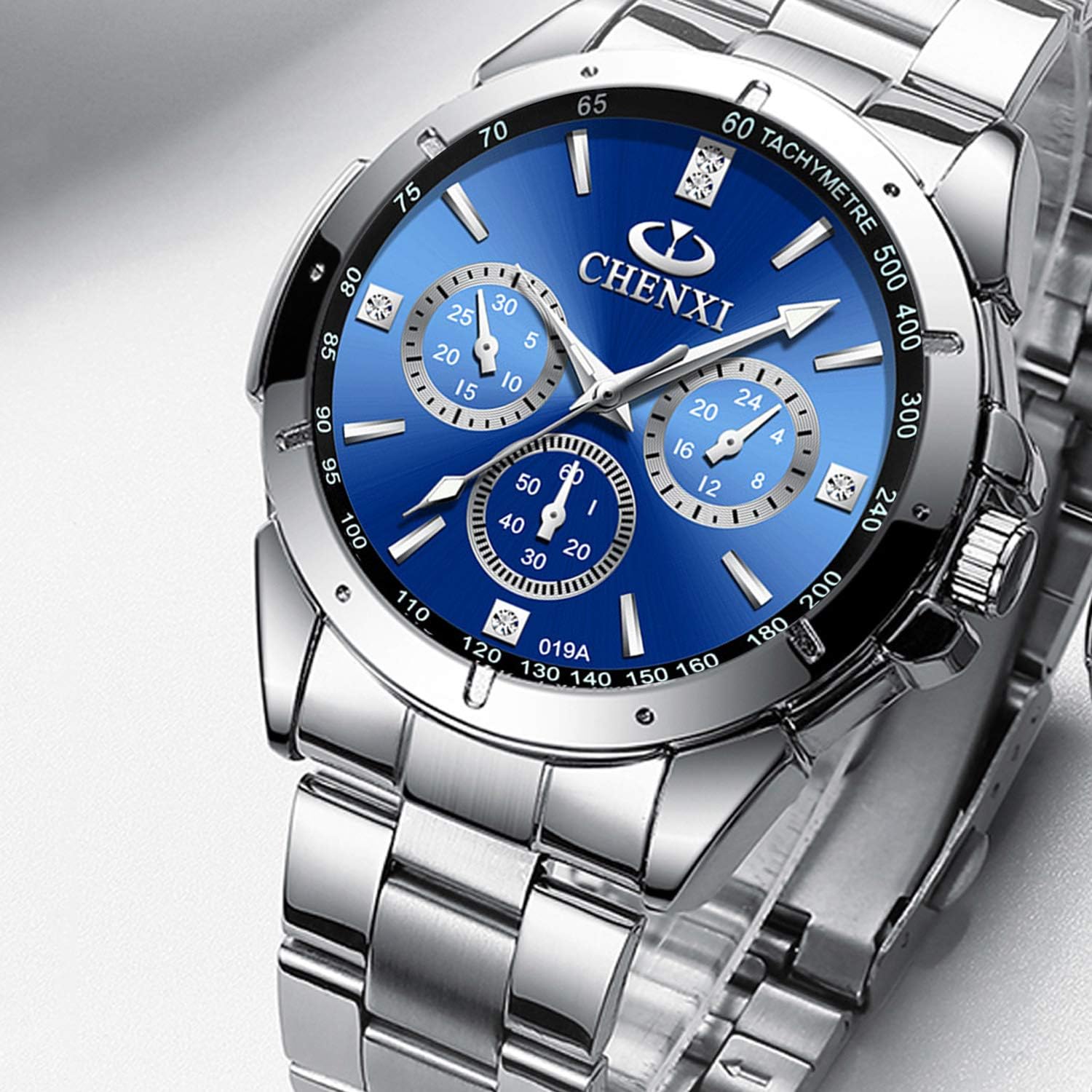 Close-up of RORIOS watch face showing multi-function dials