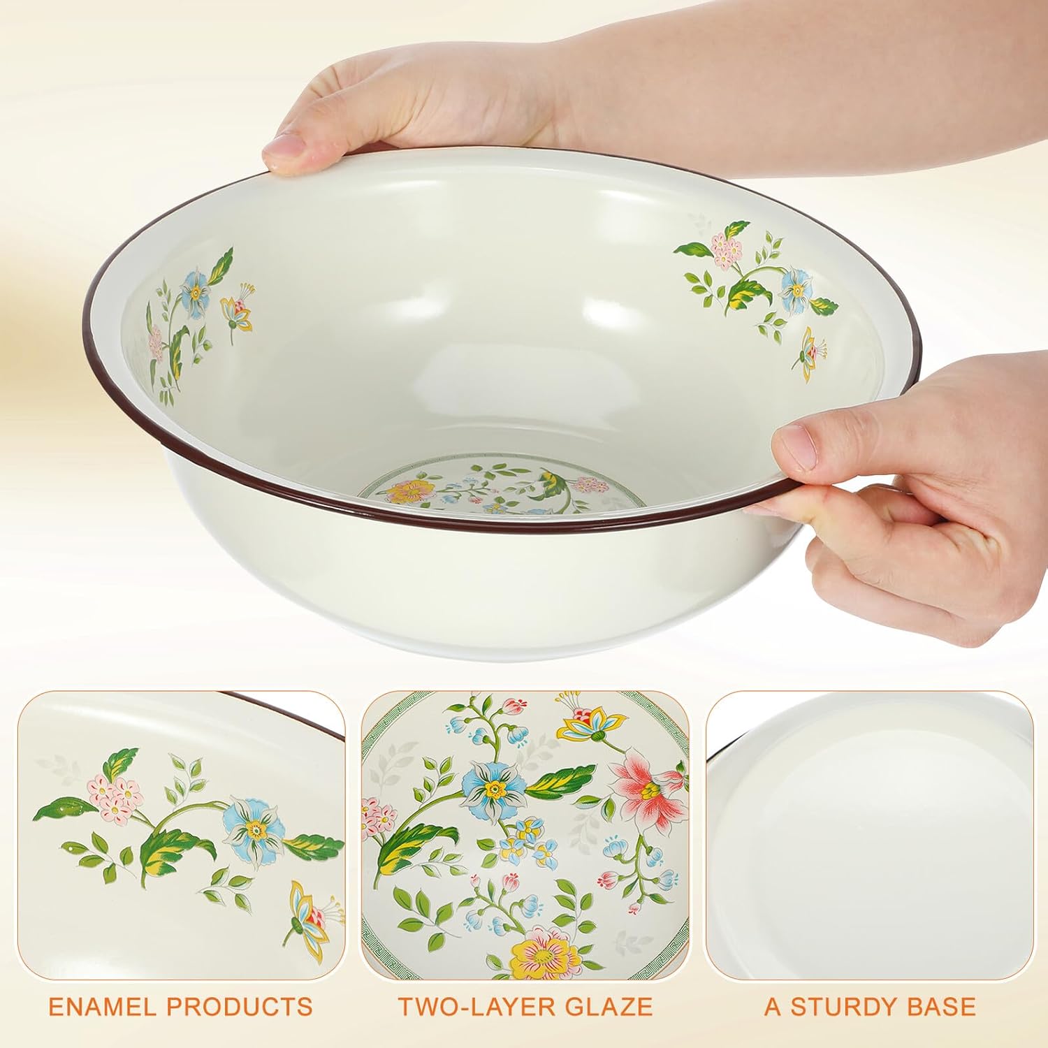 POPETPOP Retro Enameled Basin Vintage Food Storage Mixing Bowl 28cm Diameter Thickened Enameled Pot Household Kitchen Wash Basin with Random Pattern Suitable for Baking and Random Style
