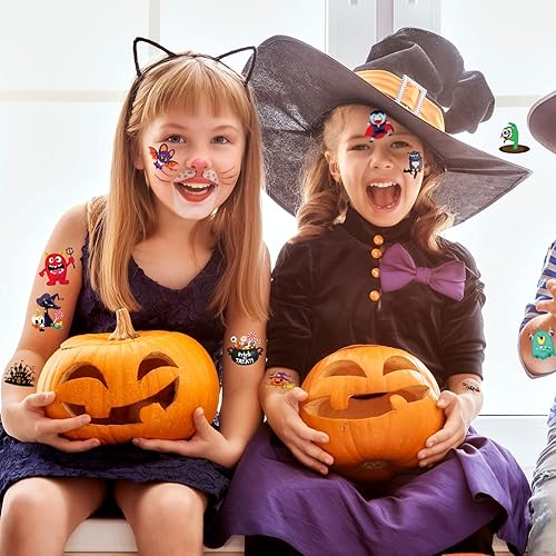 Miniatura 5 de HOWAF Tatuajes temporales de Halloween para niños, 96 piezas de tatuajes falsos de Halloween, patrones de calabaza, murciélago, araña, para fiesta