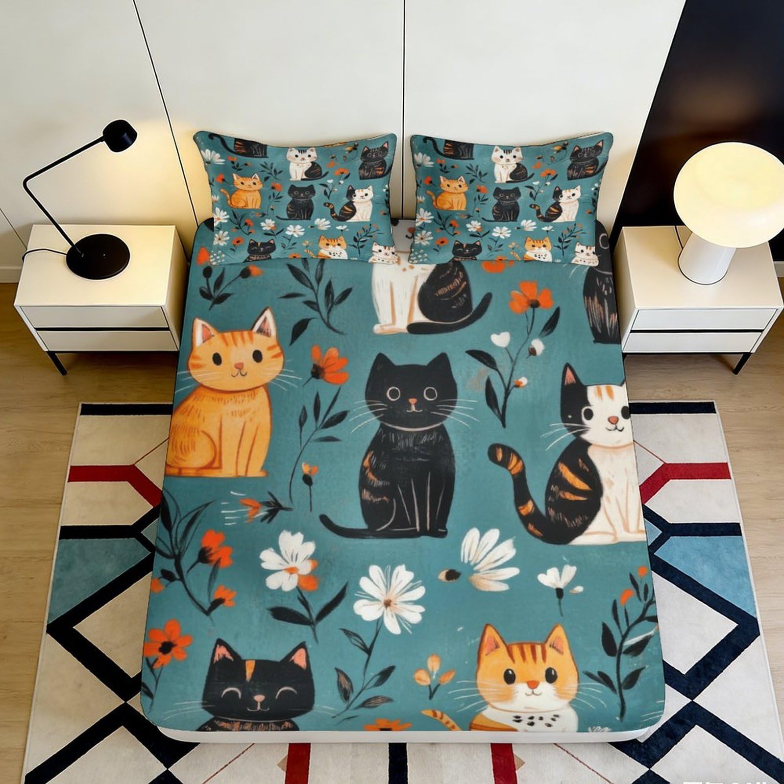 Pnayamiorkfel Style-10 3D Printed Cute Cat Floral Fitted Sheet Microfiber Soft Breathable Cartoon Kitten Mattress Cover Bedroom Dorm Protector Decor 90X200x25cm