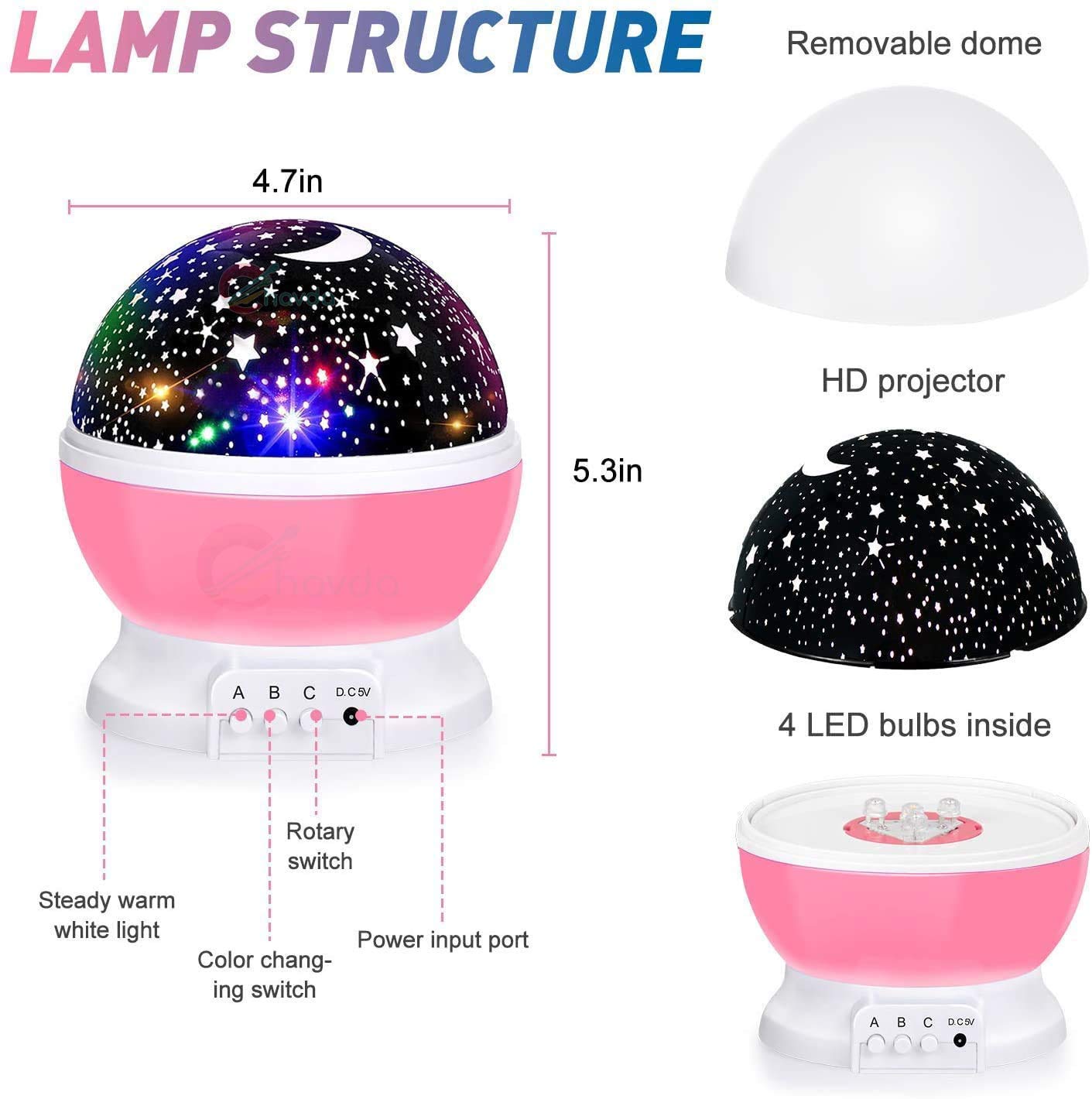 Chavda Baby Night Lights, Moon Star Projector 360 Degree Rotation - 4 LED Bulbs 8 Color Changing Light, Romantic Night Lighting Lamp, Unique Gifts for Birthday Nursery Women Children Kids Baby 3