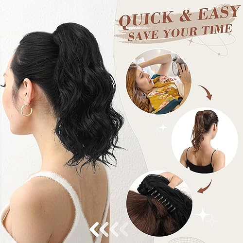 Miniatura 5 de BARSDAR Extensión de cola de caballo ondulada corta de 14 pulgadas, extensiones de cabello sintético negro con clip, extensiones de cabello