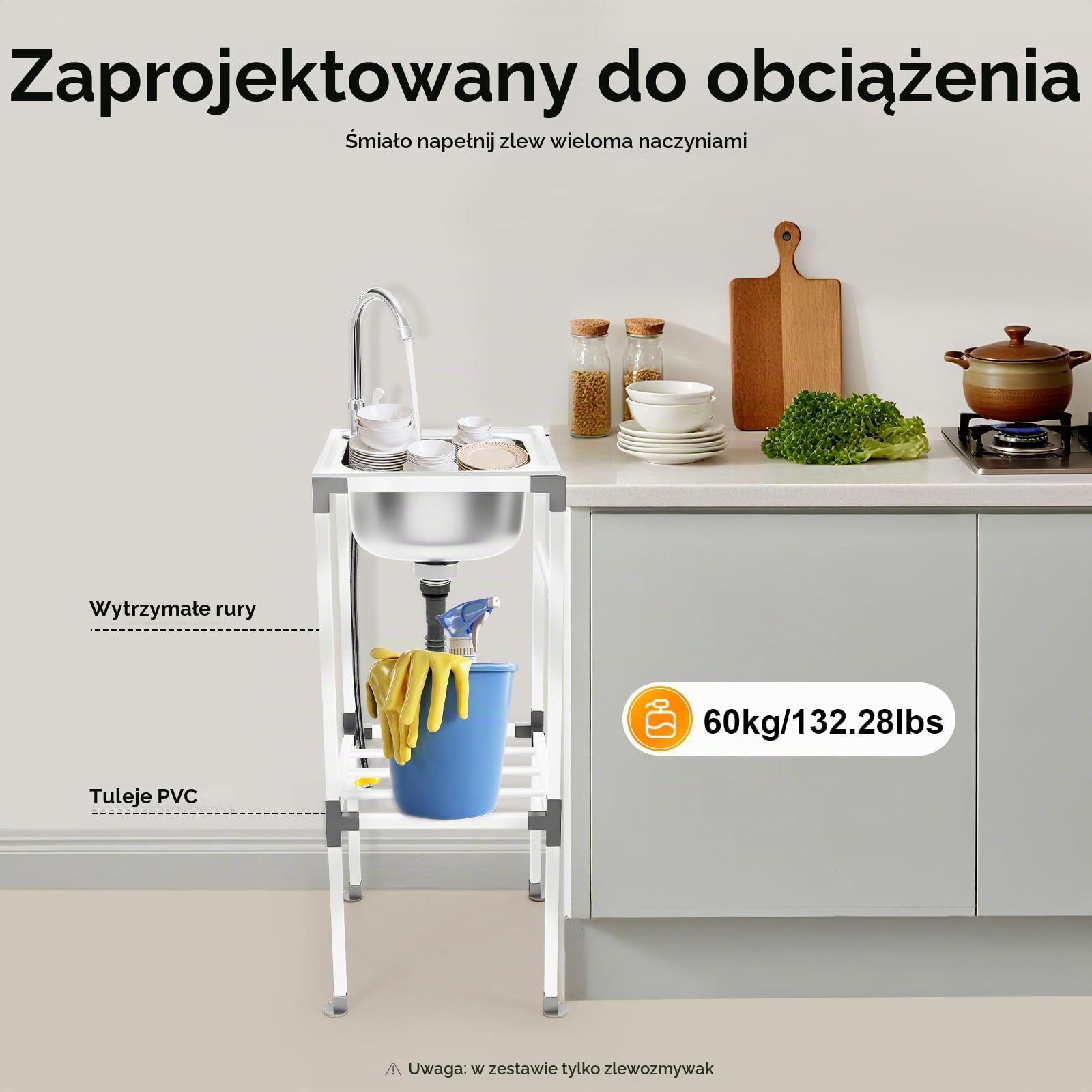 Wolnostojący zlewozmywak ze stali nierdzewnej, 1 miska 38 x 33 x 83 cm, z szafką dolną, 60 kg, nośność na zewnątrz, umywalka kempingowa, mobilna umywalka garażowa, kuchenka