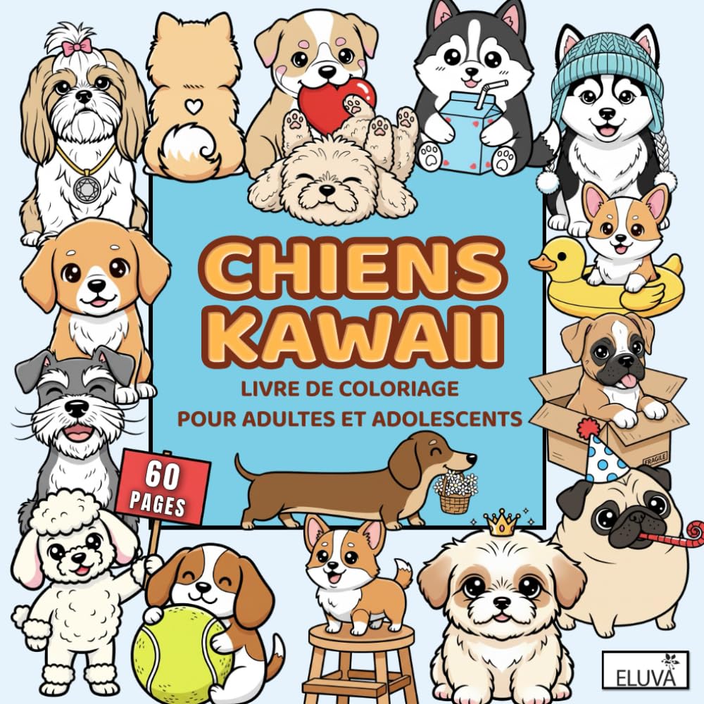 Kawaii Chiens Livre de Coloriage pour Adultes et Adolescents: Illustrations douces et expressives inspirées de compagnons à quatre pattes, pour une activité créative et apaisante.