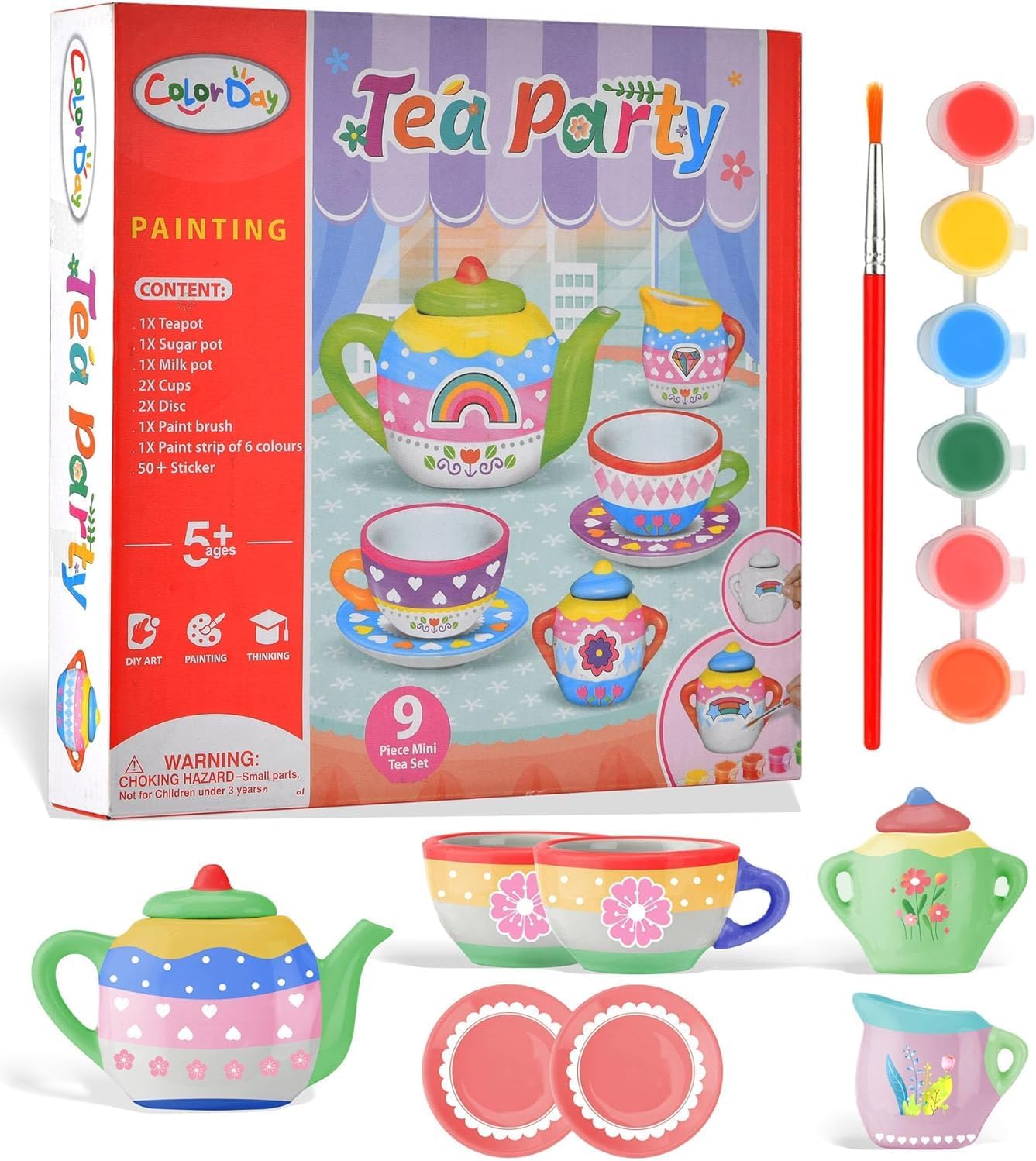Paint Your Own Rainbow Tea Set, 10 PCS Arts Crafts Painting Kit, Decorate and Creative Activity DIY STEAM Projects for Easter, Christmas, Birthday