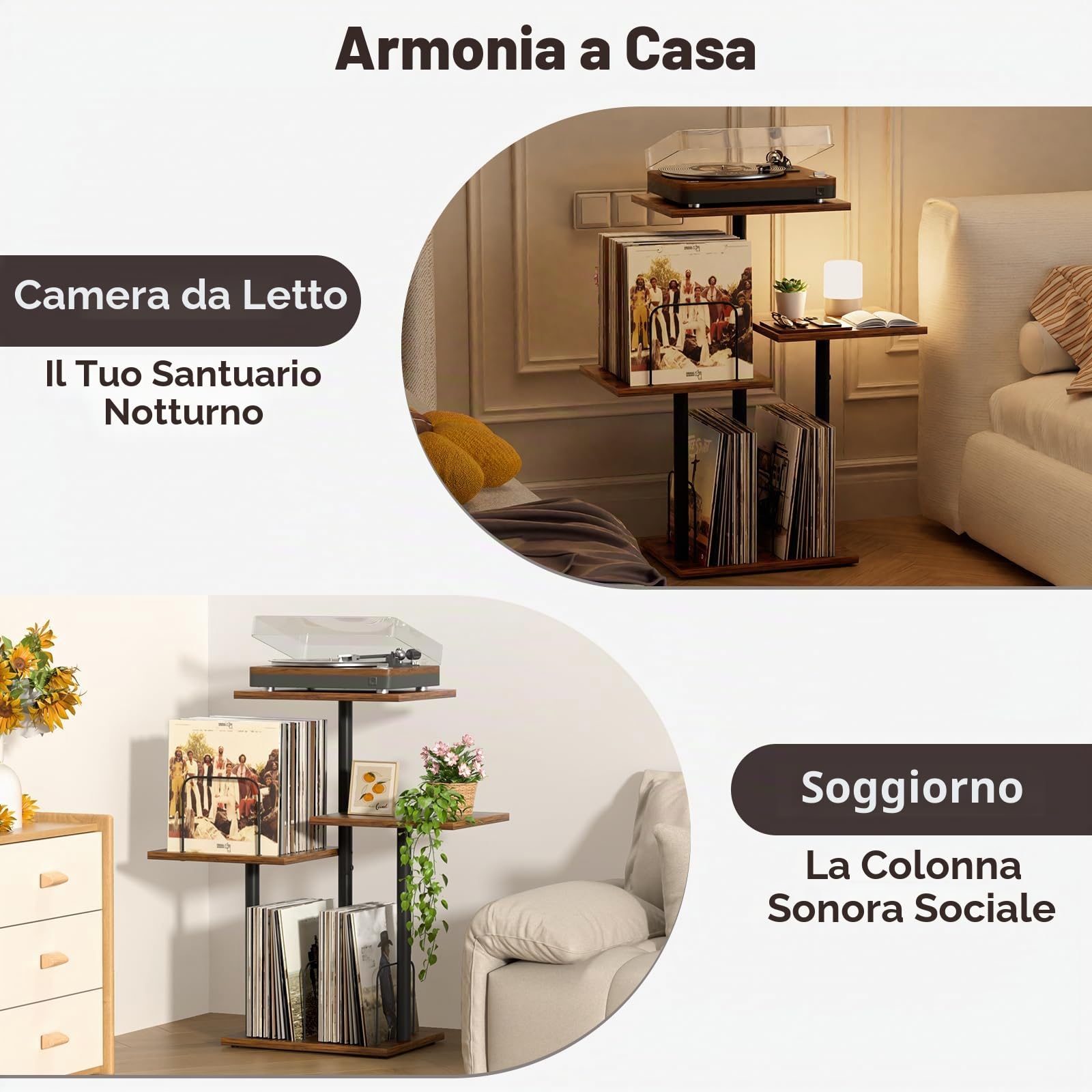 Bikoney Mobile Porta Giradischi con Scaffale per Vinili, Tavolo in Legno per Giradischi con Organizer LP, Espositore e Organizer Dischi per Spazi Ridotti, Appartamenti, Camera da Letto e Soggiorno