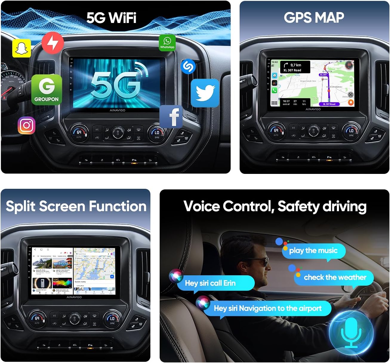 A collage showing the AINAVIGO stereo's capabilities: 5G WiFi connectivity with various app icons, GPS map navigation, split-screen function displaying two apps simultaneously, and voice control features with examples like 'play the music' and 'navigate to the airport'.