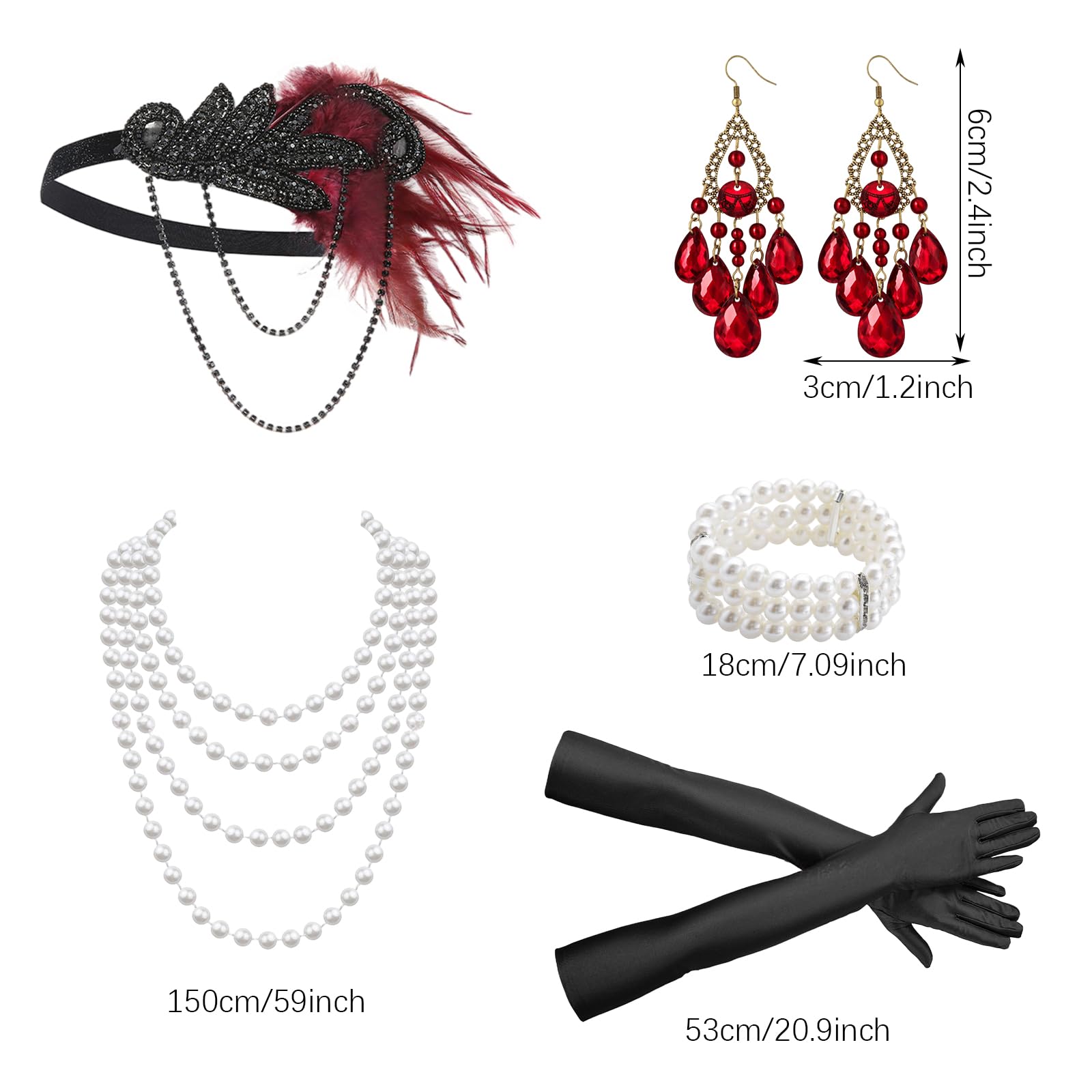 GWAWG 1920s Flapper Great Gatsby Accessories Set,Great Gatsby Accessories Women,Roaring 20's Theme Set,Ladies Charleston Fancy Dress Up Set for Women Christmas Carnival Halloween (RedBlack) - Image 2