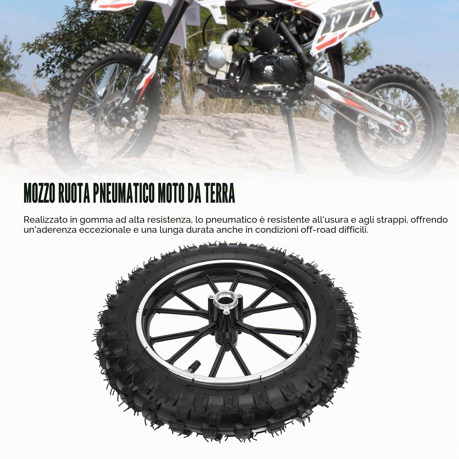 Pneumatico Ruota Anteriore 2.5-10 con Camera D'aria, Gomma E Metallo 10 Pollici per Piccole Motociclette Fuoristrada 49, Parti Ricambio Cerchio Ruota Anteriore Posteriore (BLACK)
