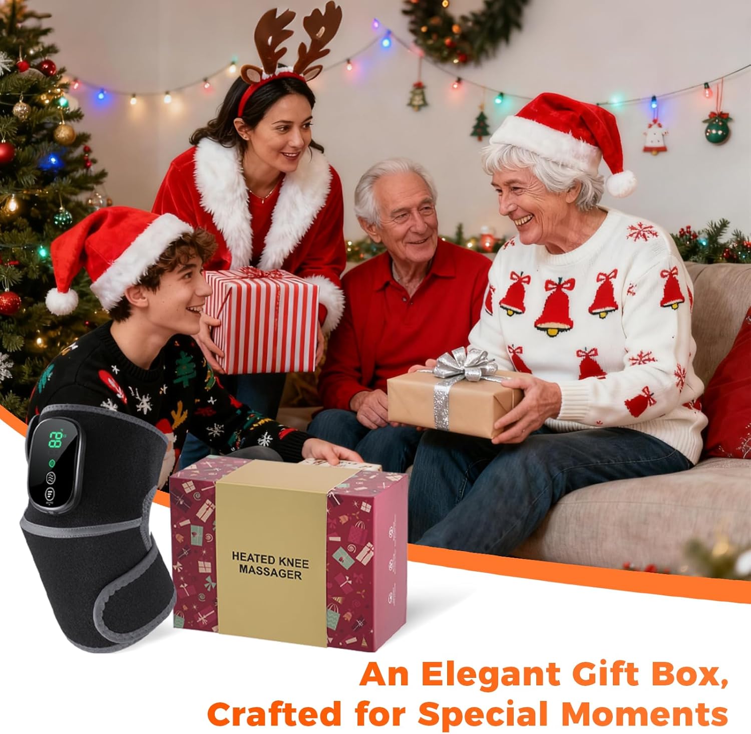 Cordless Heated Knee Massager with Elegant Gift Box, 3-in-1 Knee Heating Pad with Heat Vibration, Electric Heated Knee Brace with 3 Heat Levels & 3 Massage Modes, Ideal Gift for Men and Women