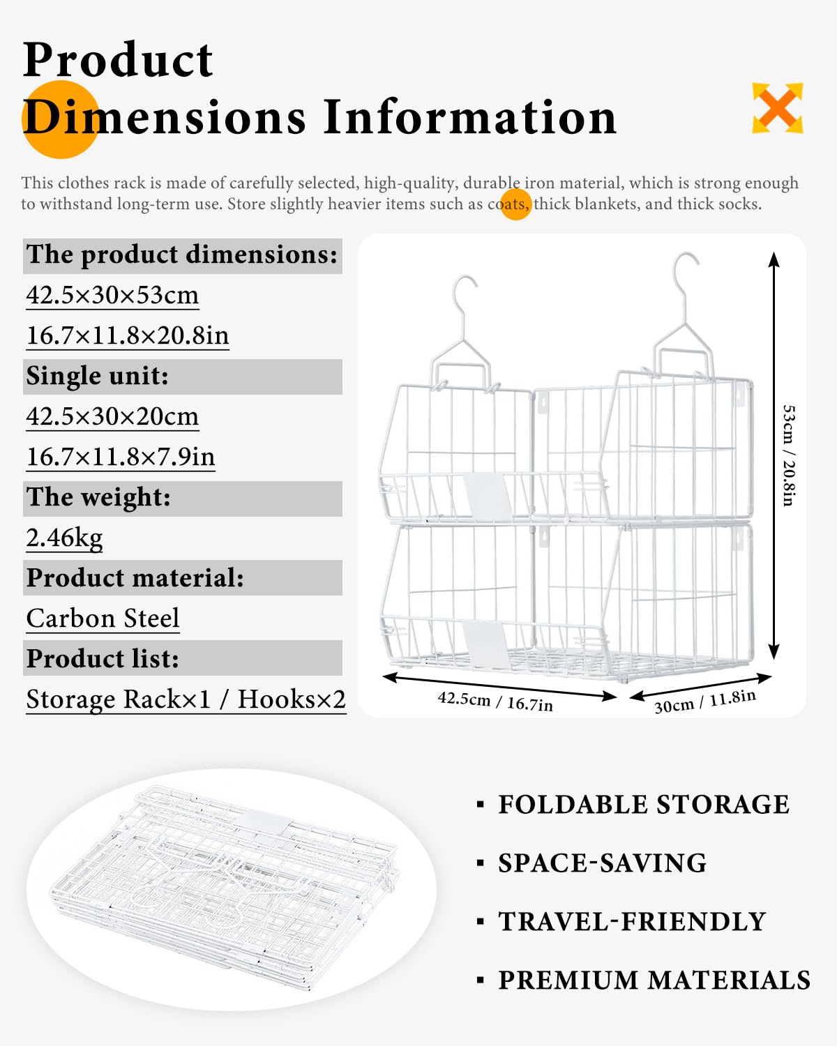 Organizador Colgante de Armario, 2 Niveles, para Ropa | Cestas de alambre abiertas, almacenamiento vertical para prendas dobladas, bolsos y accesorios