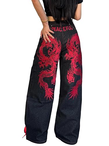 OYICAI Women's Baggy Jeans Embroidered Wide Leg Jeans Y2k Hip Hop Loose Fit Denim Pants Skater