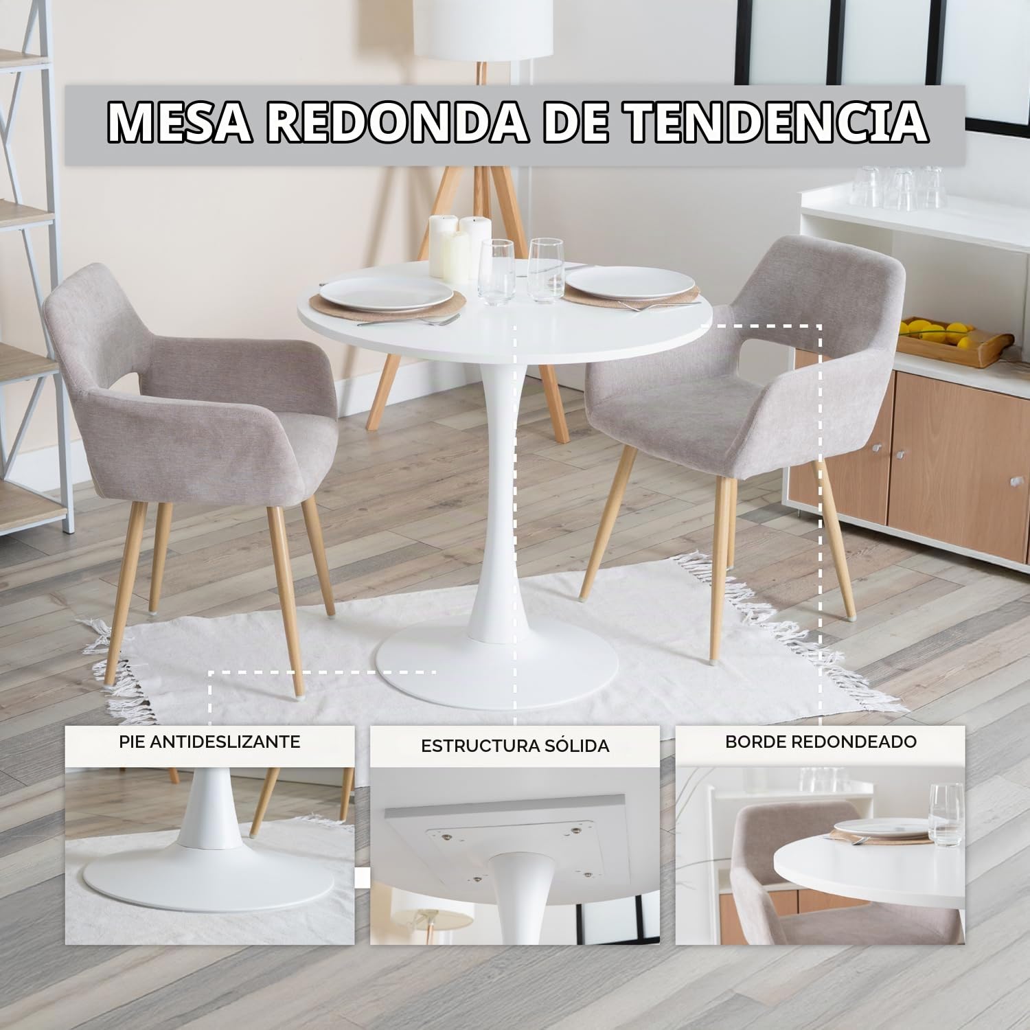 MEUBLE Cosy Mesa de Comedor Redonda para 2-4 Personas, Mesas de Cocina Escandinava, Patas en Forma de Trompeta, Blanco, 80x80x75cm