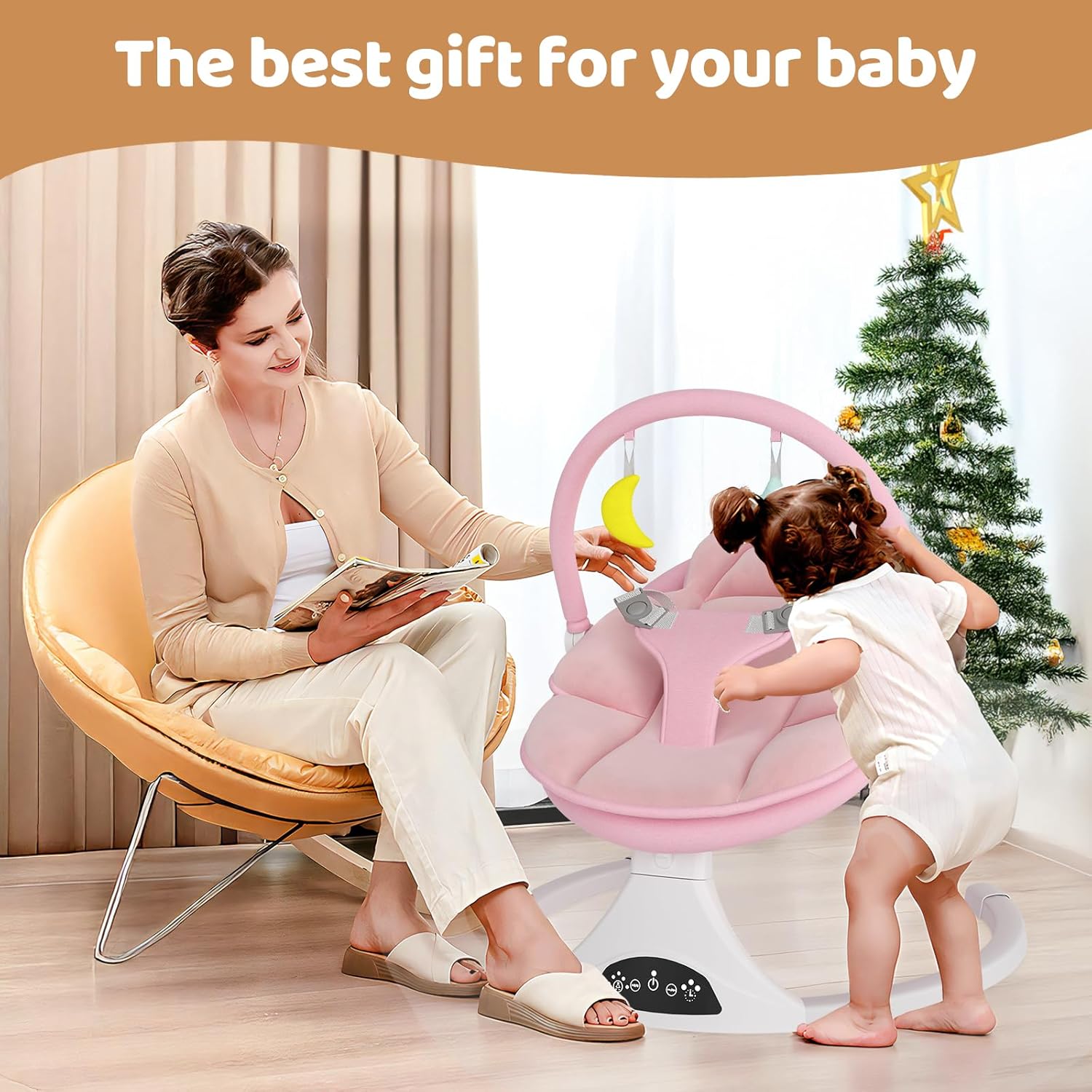 Electric Baby Swing with Remote Control - 5 Natural Motion Speeds, Detachable Seat Pad | Portable Infant Swing for Indoor/Outdoor Use (0-6M, 20lbs) (Pink)