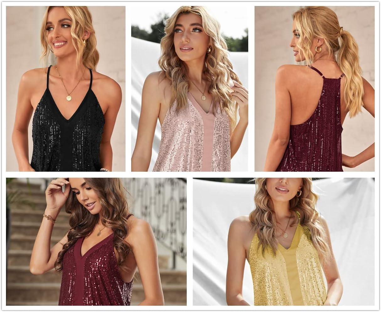 lime flare Women Sexy Sparkle All Over Sequin Cami Tank Tops - Image 4
