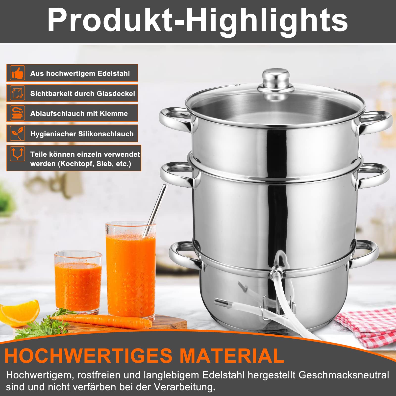Dampfentsafter Ø26/16L Edelstahl Entsafter Saftpresse für alle Herdarten geeignet, Wasserbehälter ca. 4.5Liter, Schonendes Entsaften von Obst und Gemüse, mit 4 Bügelflasche, Silber