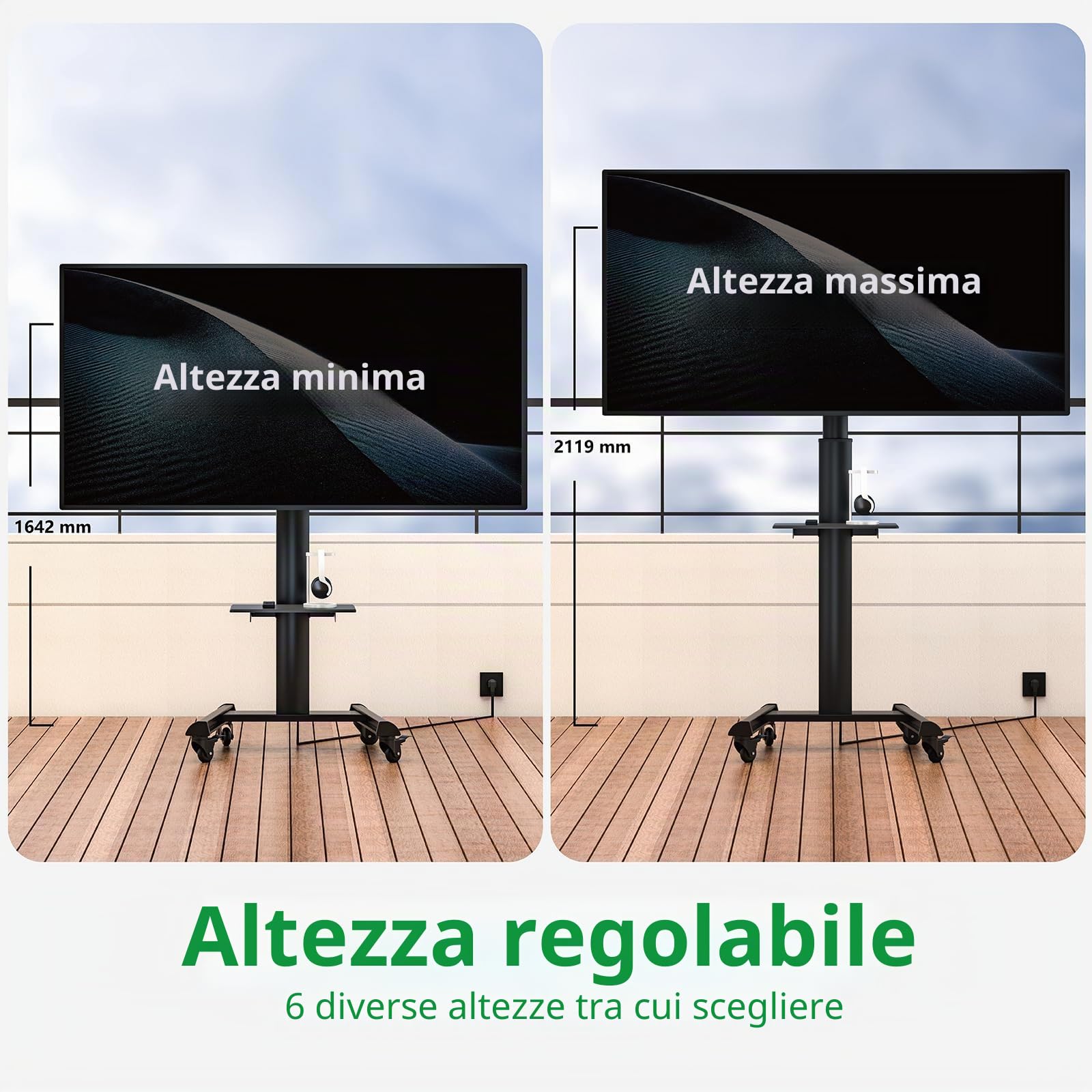 Proton 500 Supporto TV mobile con ripiano, prese di corrente, porte USB, altezza 211 cm, formato verticale orizzontale 32-75 pollici, 40 kg nero